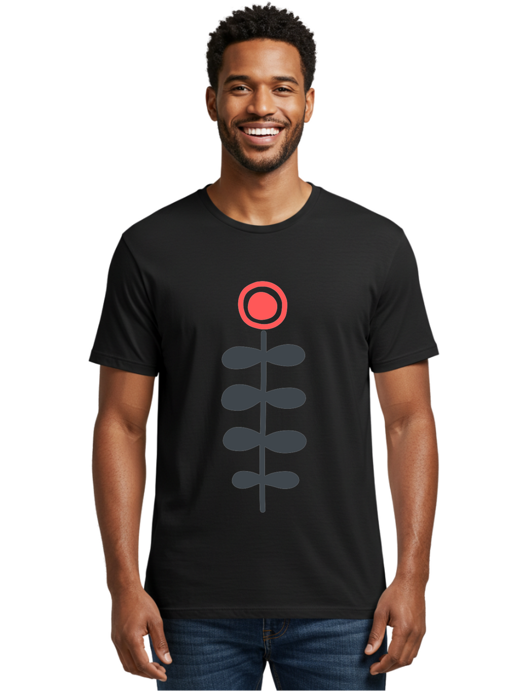 Flower-Icon-1 Men'S Graphic Tee, 100% Cotton, Comfortable Casual Summer Wear, Machine Washable, Simple Flower Graphic, Floral Design, Minimalist Art, Stem With Leaves, Red Flower Head, Graphic Illustration, Modern Botanical Aab731