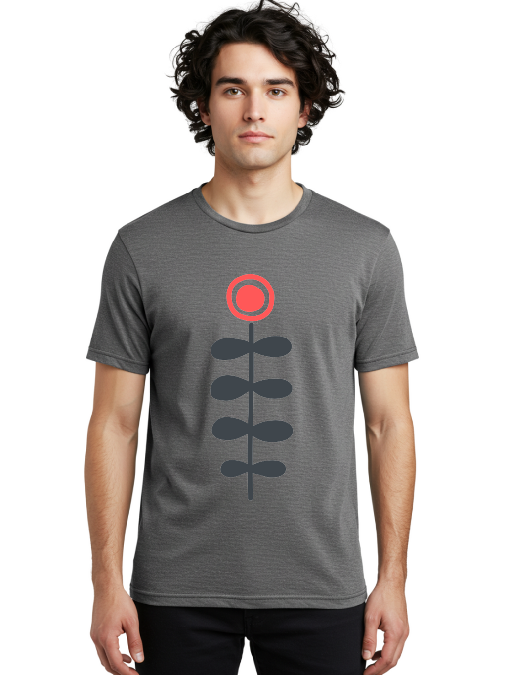 Flower-Icon-1 Men'S Graphic Tee, 100% Cotton, Comfortable Casual Summer Wear, Machine Washable, Simple Flower Graphic, Floral Design, Minimalist Art, Stem With Leaves, Red Flower Head, Graphic Illustration, Modern Botanical Aab731