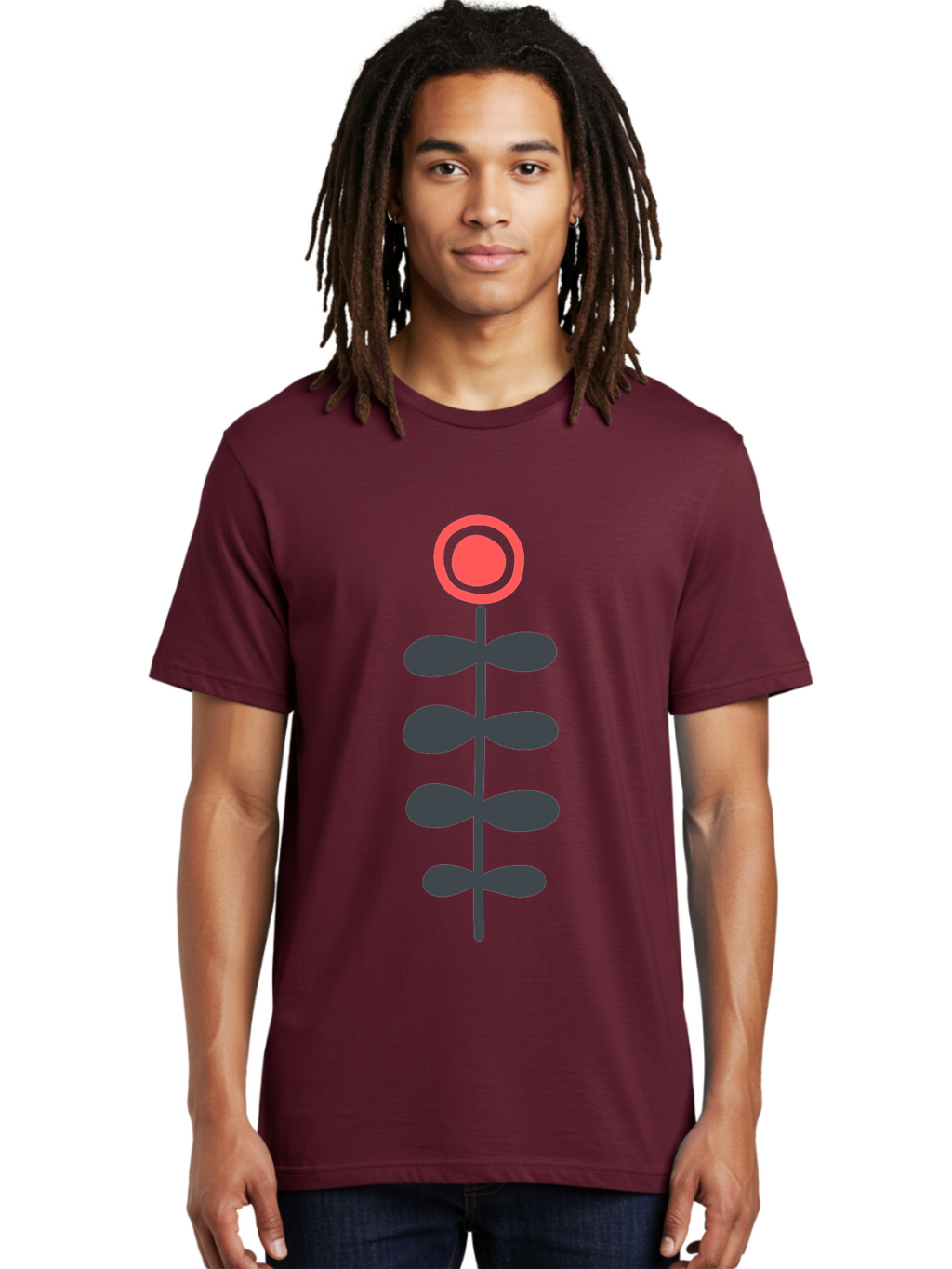 Flower-Icon-1 Men'S Graphic Tee, 100% Cotton, Comfortable Casual Summer Wear, Machine Washable, Simple Flower Graphic, Floral Design, Minimalist Art, Stem With Leaves, Red Flower Head, Graphic Illustration, Modern Botanical Aab731