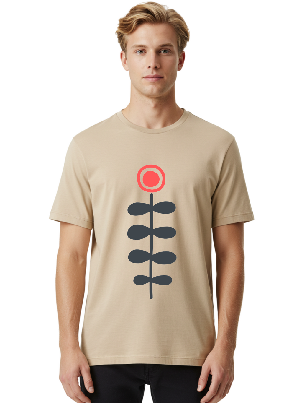 Flower-Icon-1 Men'S Graphic Tee, 100% Cotton, Comfortable Casual Summer Wear, Machine Washable, Simple Flower Graphic, Floral Design, Minimalist Art, Stem With Leaves, Red Flower Head, Graphic Illustration, Modern Botanical Aab731