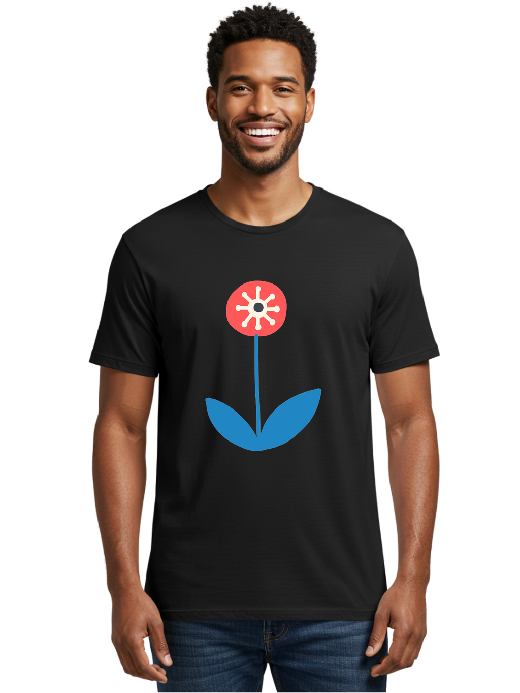 Flower-Icon Men'S Graphic Tee, 100% Cotton, Comfortable Casual Summer Wear, Machine Washable, Simple Flower, Minimalist Design, Red And White Petals, Blue Leaves, Floral Illustration, Modern Art, Digital Graphics, Stylized Bloom Aab732