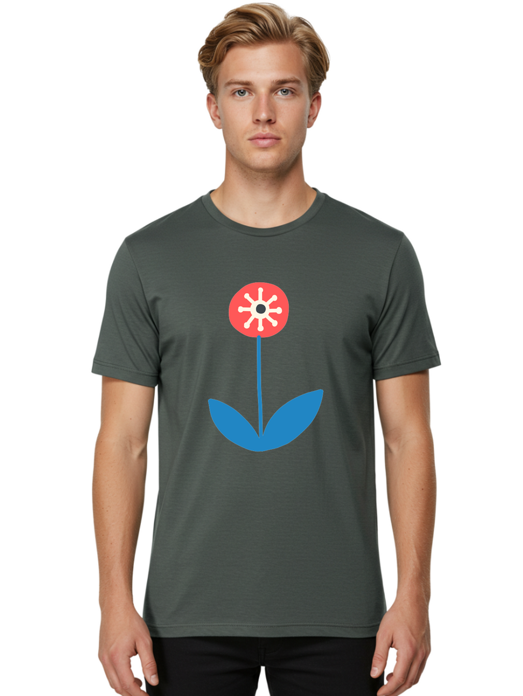 Flower-Icon Men'S Graphic Tee, 100% Cotton, Comfortable Casual Summer Wear, Machine Washable, Simple Flower, Minimalist Design, Red And White Petals, Blue Leaves, Floral Illustration, Modern Art, Digital Graphics, Stylized Bloom Aab732