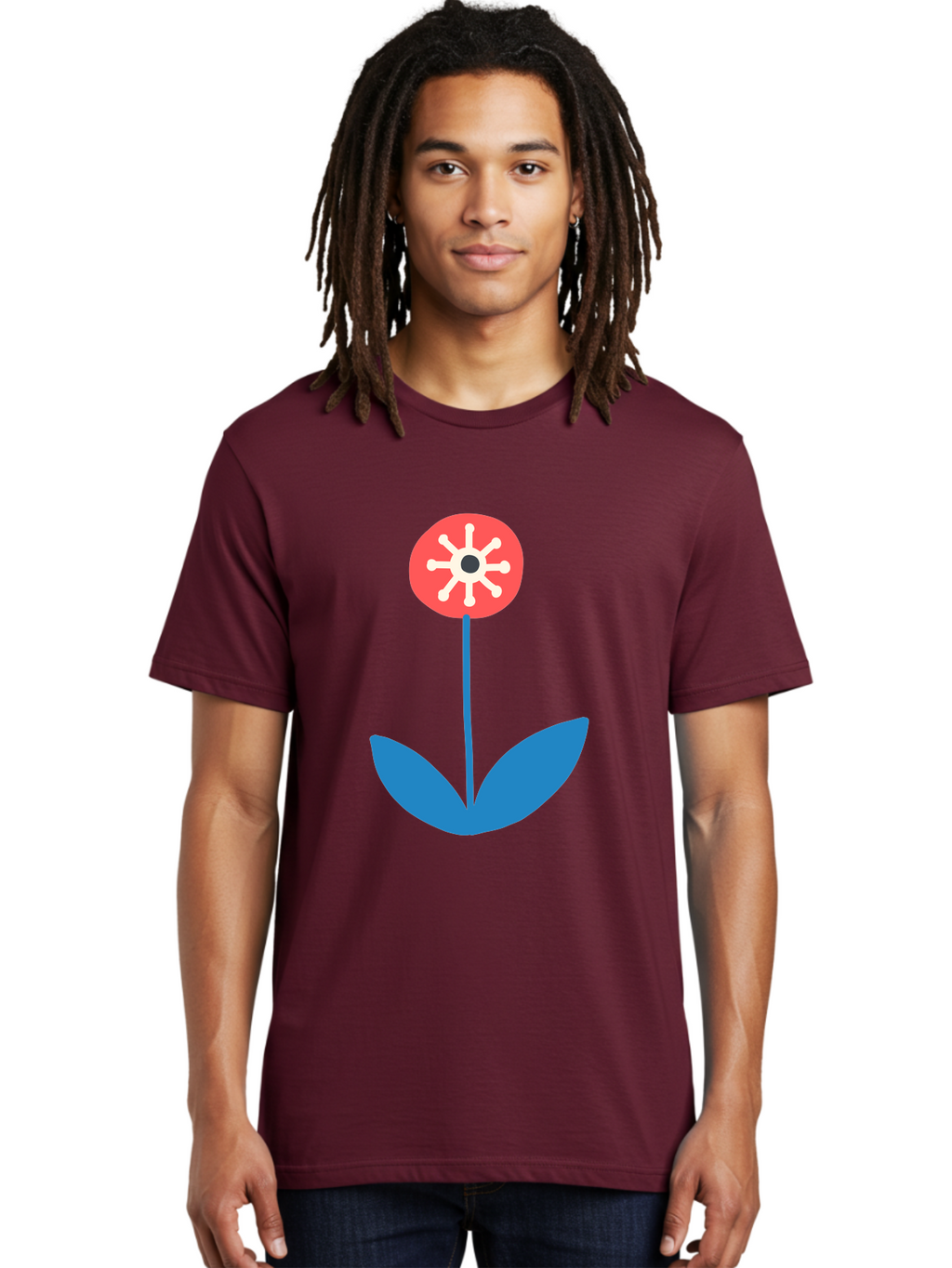 Flower-Icon Men'S Graphic Tee, 100% Cotton, Comfortable Casual Summer Wear, Machine Washable, Simple Flower, Minimalist Design, Red And White Petals, Blue Leaves, Floral Illustration, Modern Art, Digital Graphics, Stylized Bloom Aab732
