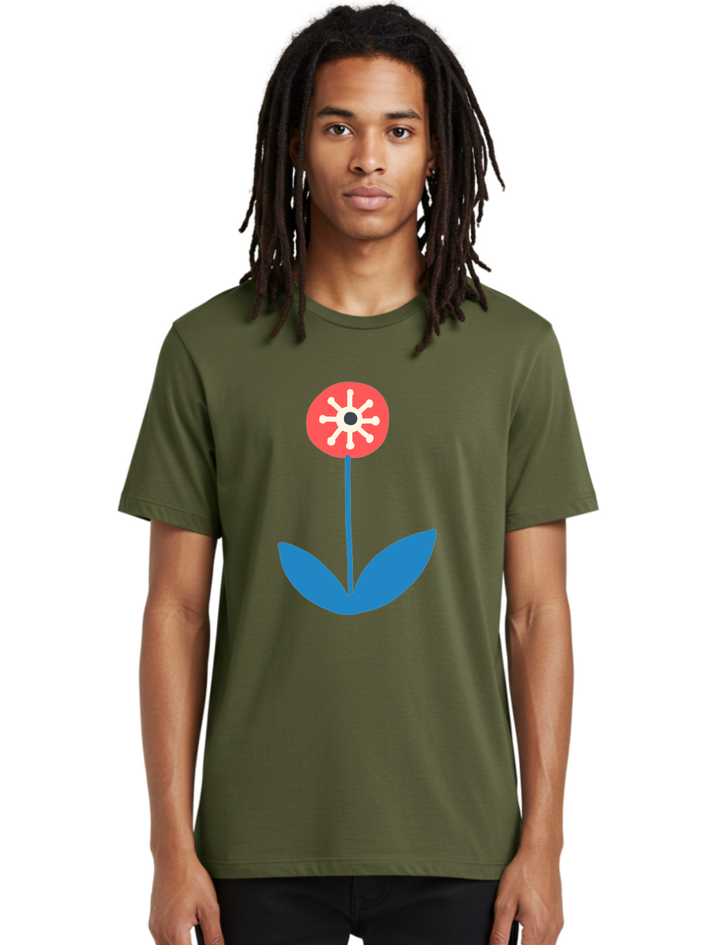 Flower-Icon Men'S Graphic Tee, 100% Cotton, Comfortable Casual Summer Wear, Machine Washable, Simple Flower, Minimalist Design, Red And White Petals, Blue Leaves, Floral Illustration, Modern Art, Digital Graphics, Stylized Bloom Aab732