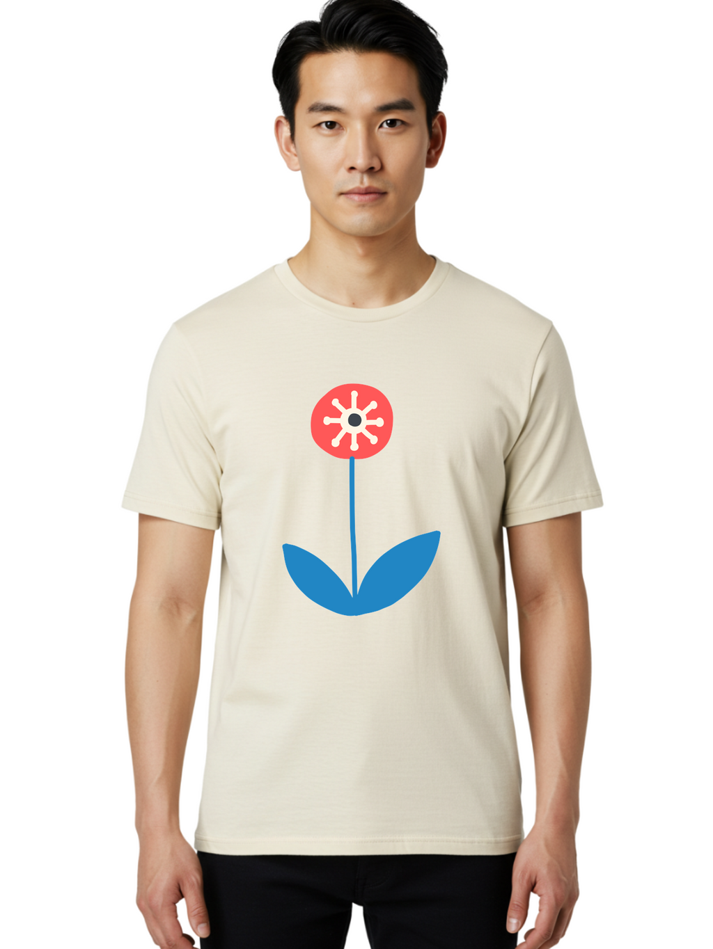 Flower-Icon Men'S Graphic Tee, 100% Cotton, Comfortable Casual Summer Wear, Machine Washable, Simple Flower, Minimalist Design, Red And White Petals, Blue Leaves, Floral Illustration, Modern Art, Digital Graphics, Stylized Bloom Aab732