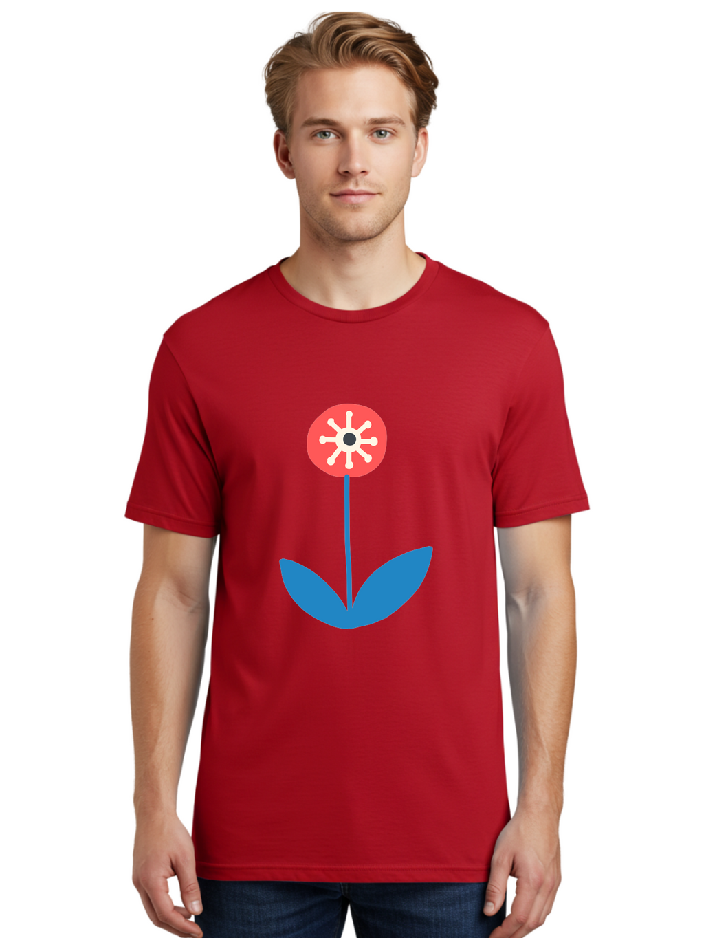 Flower-Icon Men'S Graphic Tee, 100% Cotton, Comfortable Casual Summer Wear, Machine Washable, Simple Flower, Minimalist Design, Red And White Petals, Blue Leaves, Floral Illustration, Modern Art, Digital Graphics, Stylized Bloom Aab732