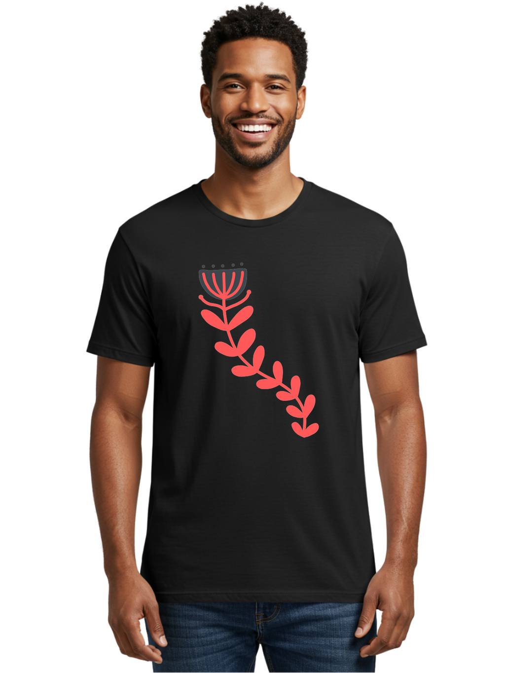 Flower-Illustration Men'S Graphic Tee, 100% Cotton, Comfortable Casual Summer Wear, Machine Washable, Stylized Tulip, Simple Design, Floral Pattern, Minimalist Art, Pink And Black, Leaves And Stem, Graphic Illustration, Modern Art Aab734