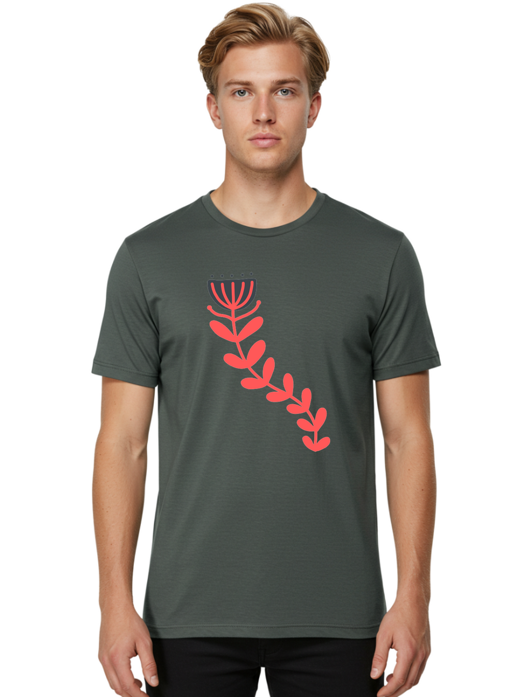 Flower-Illustration Men'S Graphic Tee, 100% Cotton, Comfortable Casual Summer Wear, Machine Washable, Stylized Tulip, Simple Design, Floral Pattern, Minimalist Art, Pink And Black, Leaves And Stem, Graphic Illustration, Modern Art Aab734