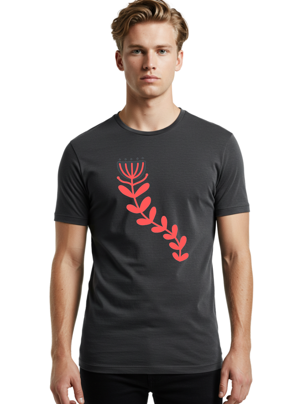 Flower-Illustration Men'S Graphic Tee, 100% Cotton, Comfortable Casual Summer Wear, Machine Washable, Stylized Tulip, Simple Design, Floral Pattern, Minimalist Art, Pink And Black, Leaves And Stem, Graphic Illustration, Modern Art Aab734