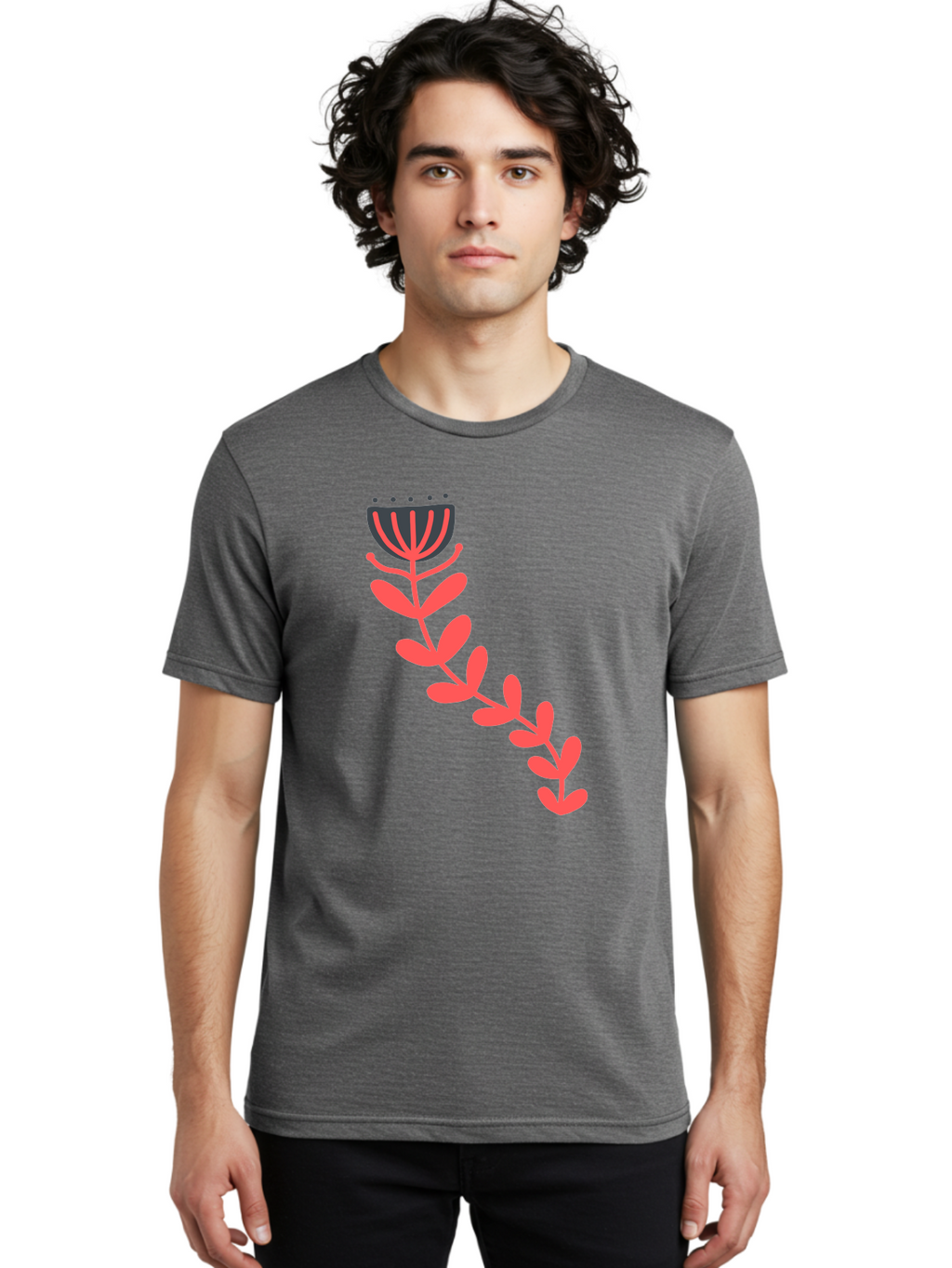 Flower-Illustration Men'S Graphic Tee, 100% Cotton, Comfortable Casual Summer Wear, Machine Washable, Stylized Tulip, Simple Design, Floral Pattern, Minimalist Art, Pink And Black, Leaves And Stem, Graphic Illustration, Modern Art Aab734