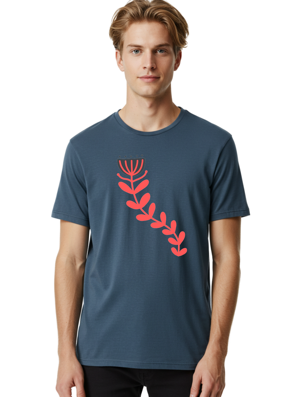 Flower-Illustration Men'S Graphic Tee, 100% Cotton, Comfortable Casual Summer Wear, Machine Washable, Stylized Tulip, Simple Design, Floral Pattern, Minimalist Art, Pink And Black, Leaves And Stem, Graphic Illustration, Modern Art Aab734