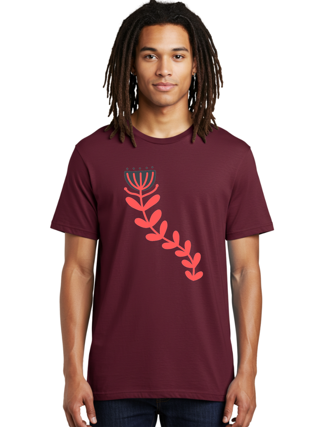 Flower-Illustration Men'S Graphic Tee, 100% Cotton, Comfortable Casual Summer Wear, Machine Washable, Stylized Tulip, Simple Design, Floral Pattern, Minimalist Art, Pink And Black, Leaves And Stem, Graphic Illustration, Modern Art Aab734