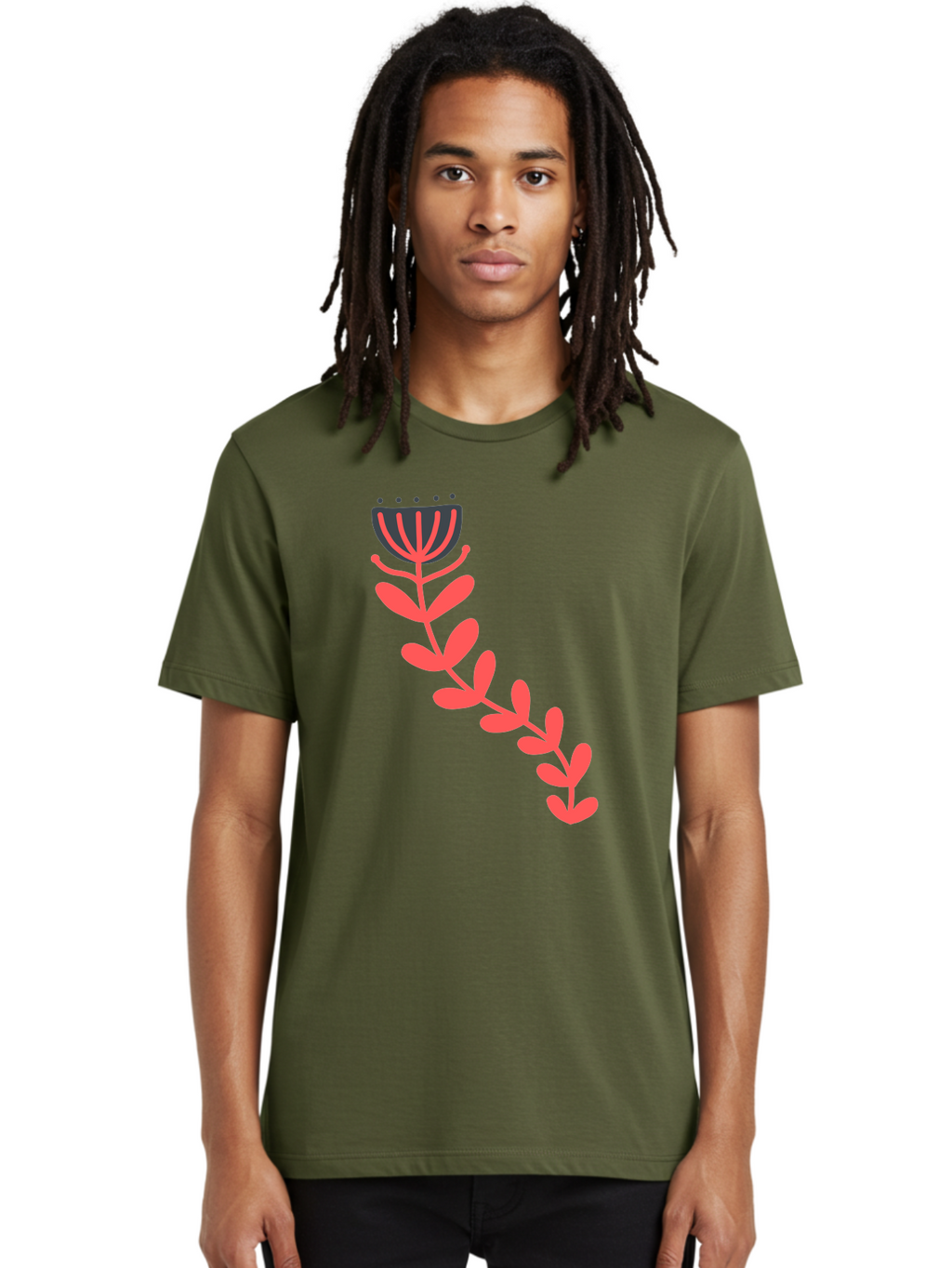 Flower-Illustration Men'S Graphic Tee, 100% Cotton, Comfortable Casual Summer Wear, Machine Washable, Stylized Tulip, Simple Design, Floral Pattern, Minimalist Art, Pink And Black, Leaves And Stem, Graphic Illustration, Modern Art Aab734