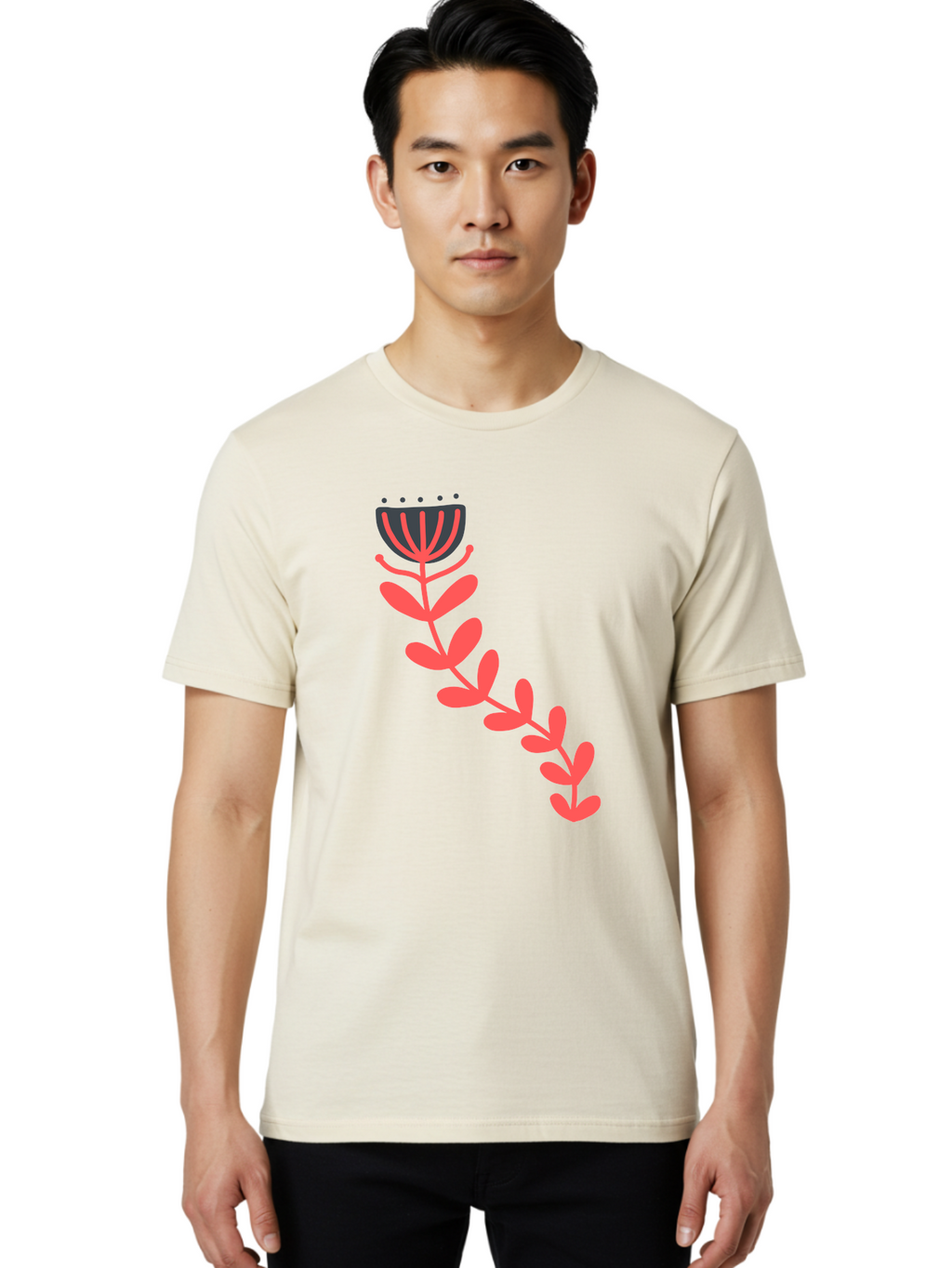 Flower-Illustration Men'S Graphic Tee, 100% Cotton, Comfortable Casual Summer Wear, Machine Washable, Stylized Tulip, Simple Design, Floral Pattern, Minimalist Art, Pink And Black, Leaves And Stem, Graphic Illustration, Modern Art Aab734