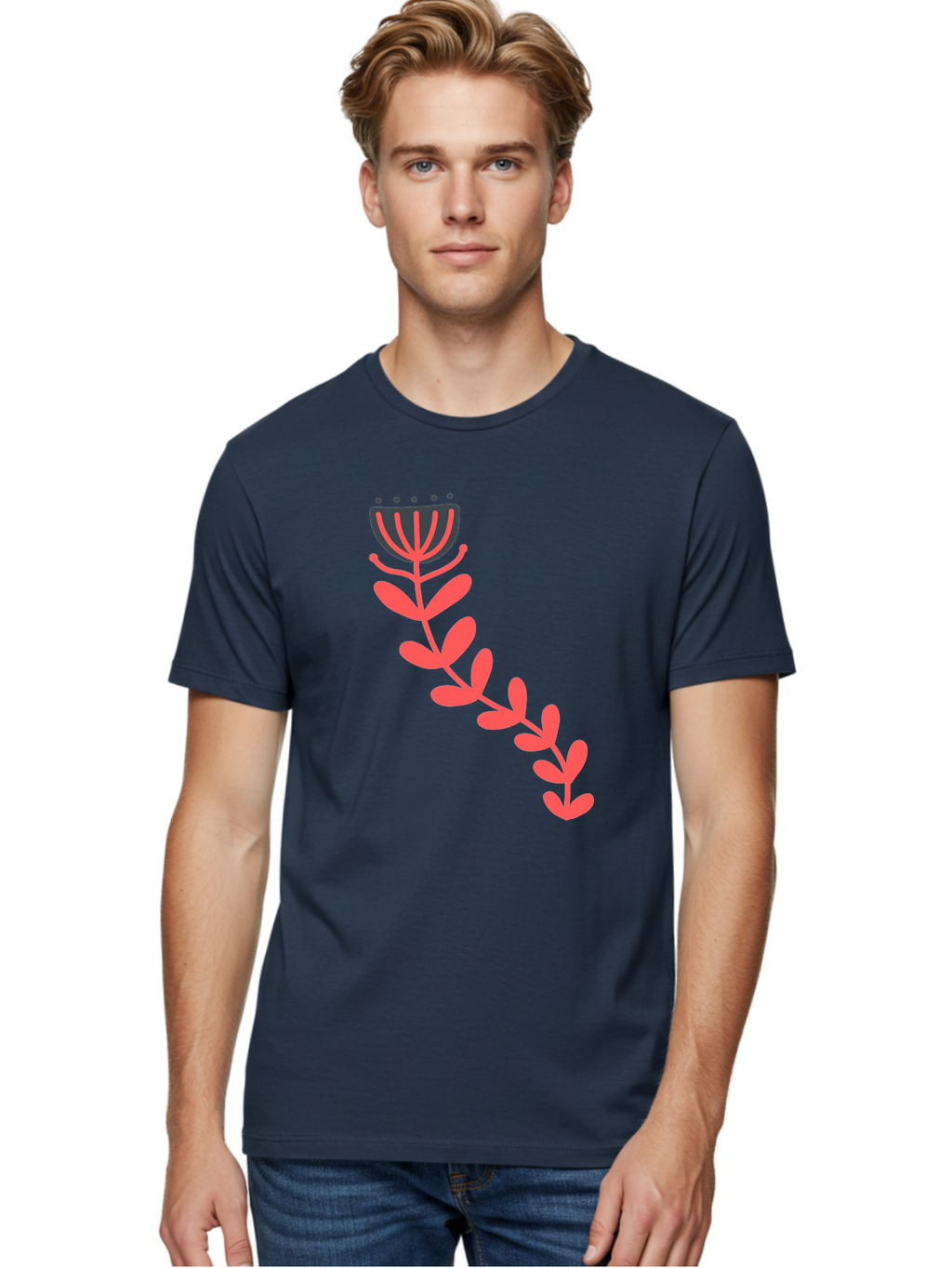 Flower-Illustration Men'S Graphic Tee, 100% Cotton, Comfortable Casual Summer Wear, Machine Washable, Stylized Tulip, Simple Design, Floral Pattern, Minimalist Art, Pink And Black, Leaves And Stem, Graphic Illustration, Modern Art Aab734