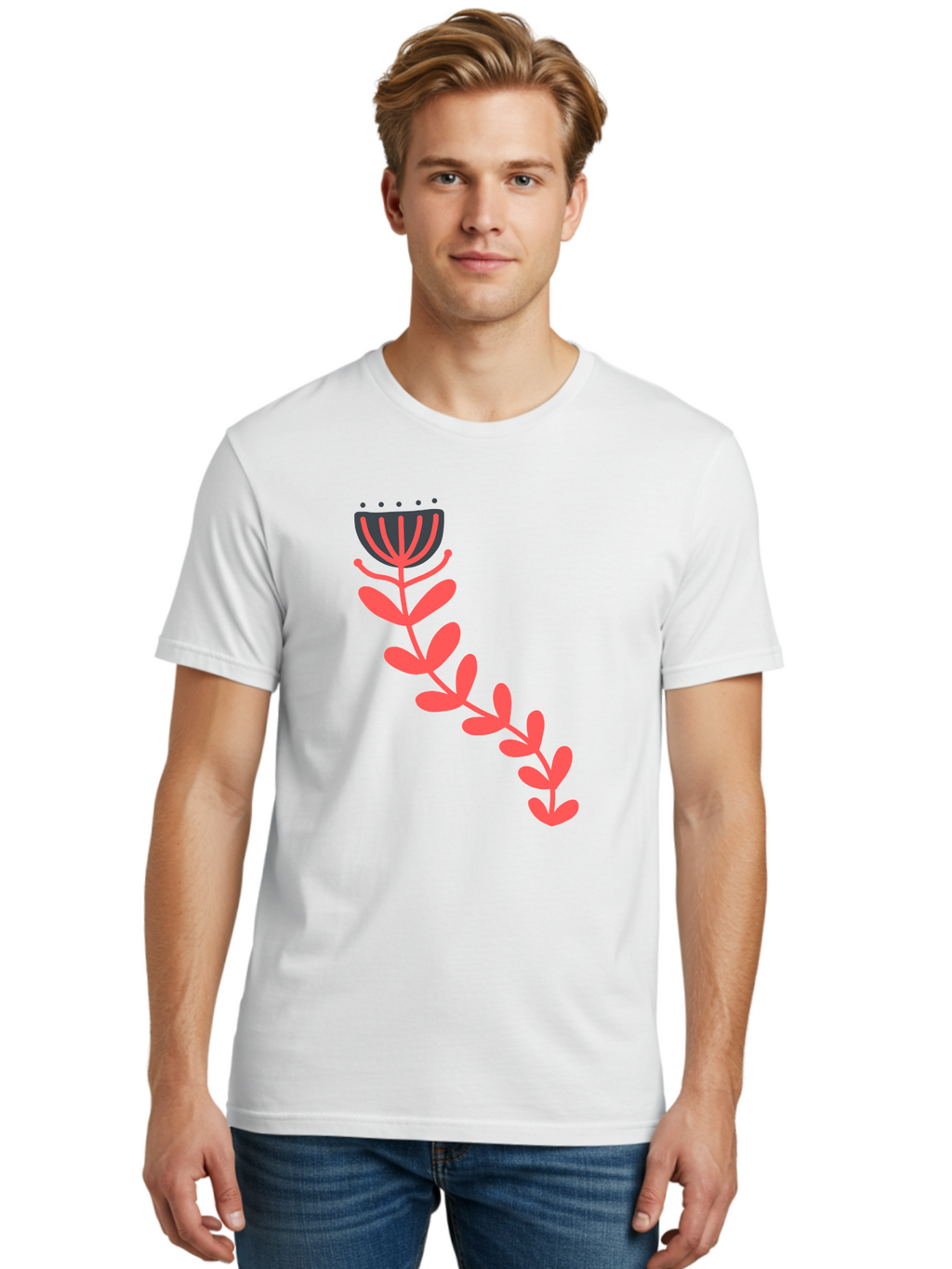 Flower-Illustration Men'S Graphic Tee, 100% Cotton, Comfortable Casual Summer Wear, Machine Washable, Stylized Tulip, Simple Design, Floral Pattern, Minimalist Art, Pink And Black, Leaves And Stem, Graphic Illustration, Modern Art Aab734