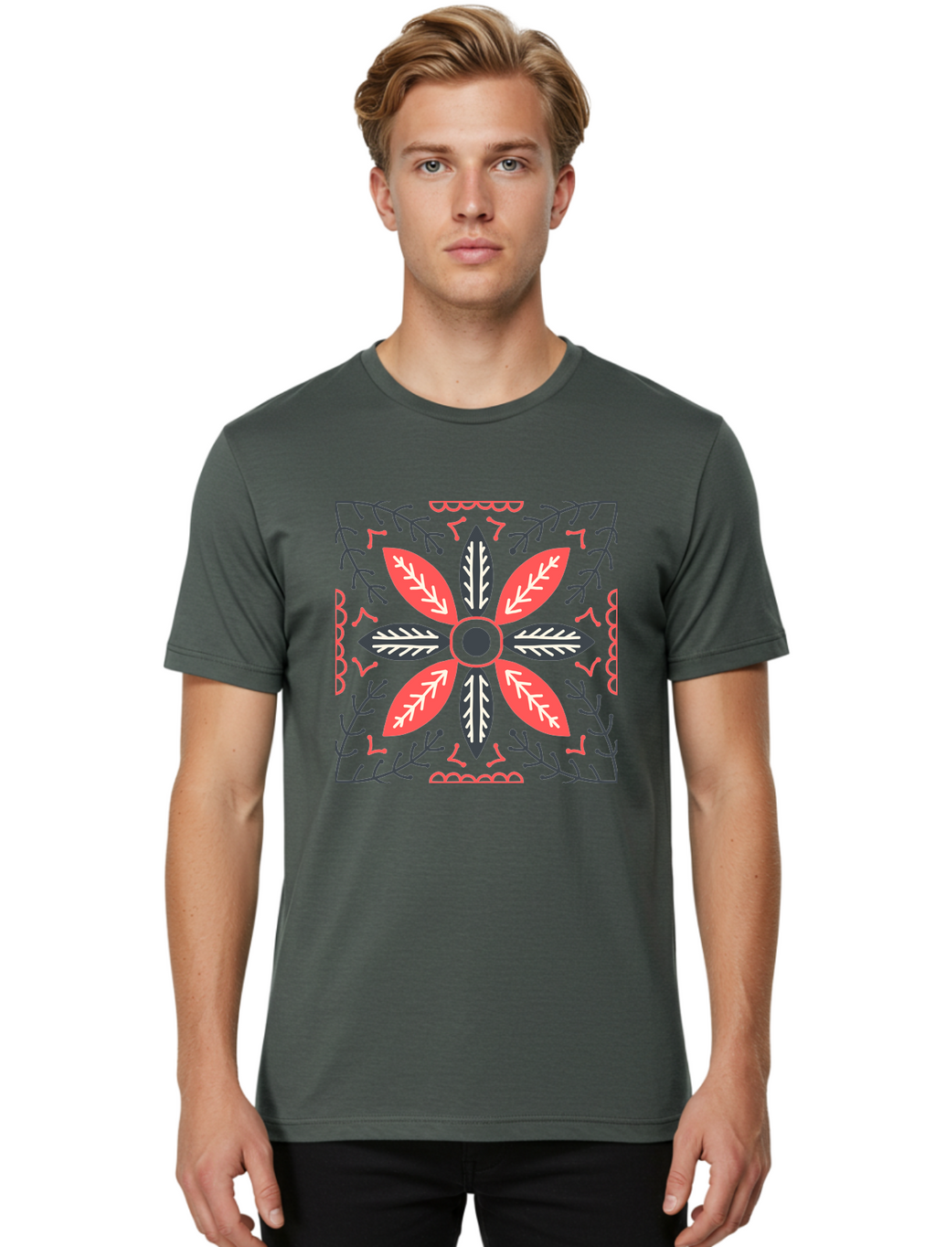 Flower-Mandala Men'S Graphic Tee, 100% Cotton, Comfortable Casual Summer Wear, Machine Washable, Symmetrical Floral Design, Colorful Pattern, Red And Black Petals, White Leaf Details, Floral Motif, Decorative Art, Vibrant Colors, Aab735