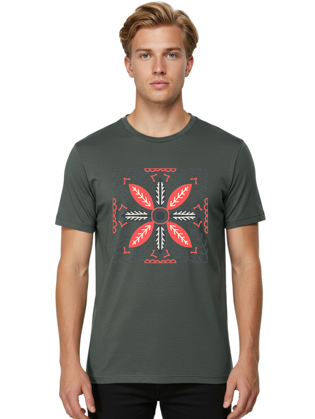 Flower-Mandala Men'S Graphic Tee, 100% Cotton, Comfortable Casual Summer Wear, Machine Washable, Symmetrical Floral Design, Colorful Pattern, Red And Black Petals, White Leaf Details, Floral Motif, Decorative Art, Vibrant Colors, Aab735