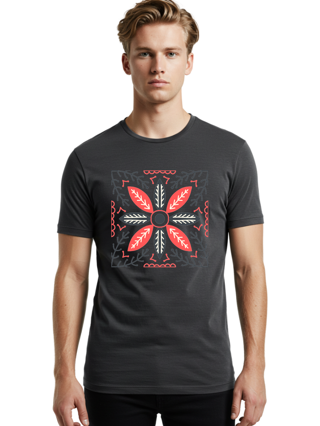 Flower-Mandala Men'S Graphic Tee, 100% Cotton, Comfortable Casual Summer Wear, Machine Washable, Symmetrical Floral Design, Colorful Pattern, Red And Black Petals, White Leaf Details, Floral Motif, Decorative Art, Vibrant Colors, Aab735