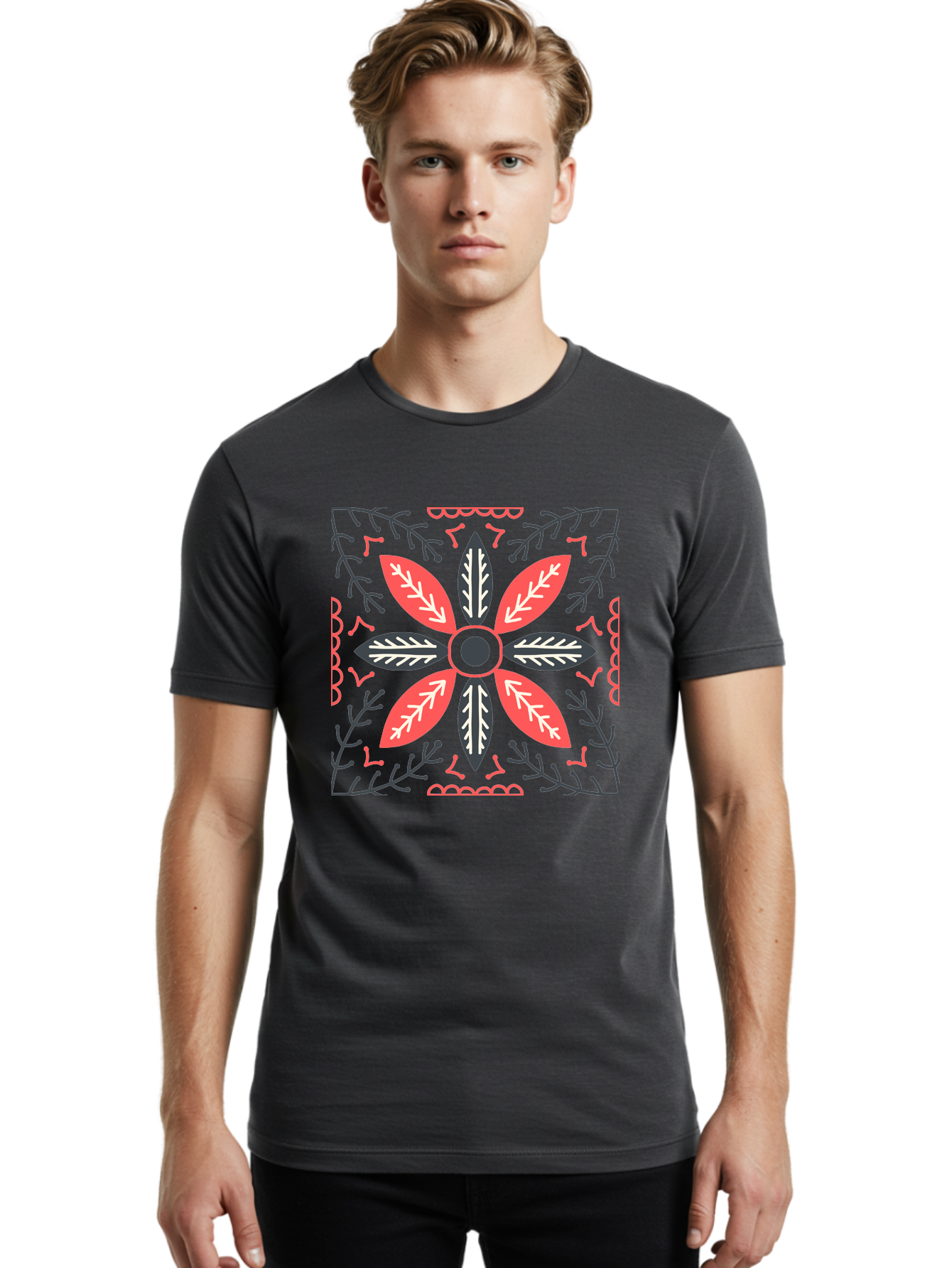 Flower-Mandala Men'S Graphic Tee, 100% Cotton, Comfortable Casual Summer Wear, Machine Washable, Symmetrical Floral Design, Colorful Pattern, Red And Black Petals, White Leaf Details, Floral Motif, Decorative Art, Vibrant Colors, Aab735