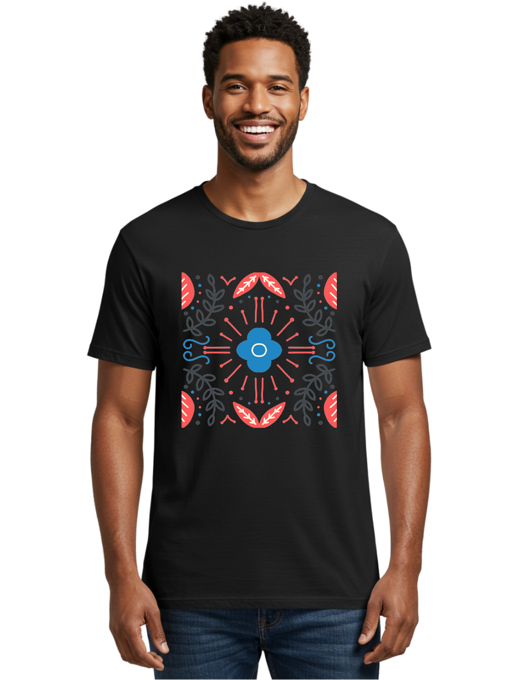 Flower-Pattern-1 Men'S Graphic Tee, 100% Cotton, Comfortable Casual Summer Wear, Machine Washable, Floral Pattern, Symmetrical Design, Vibrant Colors, Blue Flower, Red Leaves, Green Stems, Abstract Art, Geometric Shapes, Decorative Elements, Aab736