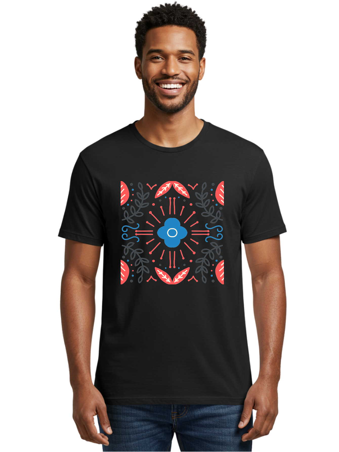 Flower-Pattern-1 Men'S Graphic Tee, 100% Cotton, Comfortable Casual Summer Wear, Machine Washable, Floral Pattern, Symmetrical Design, Vibrant Colors, Blue Flower, Red Leaves, Green Stems, Abstract Art, Geometric Shapes, Decorative Elements, Aab736