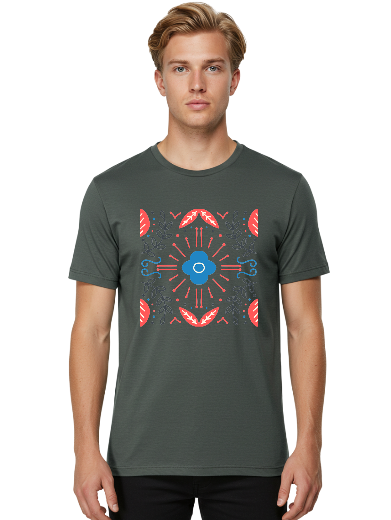 Flower-Pattern-1 Men'S Graphic Tee, 100% Cotton, Comfortable Casual Summer Wear, Machine Washable, Floral Pattern, Symmetrical Design, Vibrant Colors, Blue Flower, Red Leaves, Green Stems, Abstract Art, Geometric Shapes, Decorative Elements, Aab736