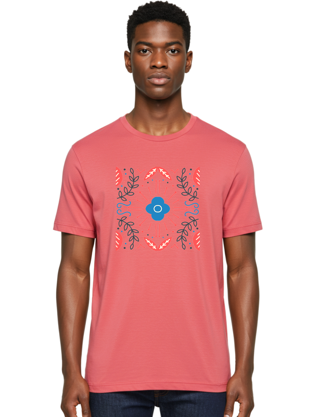Flower-Pattern-1 Men'S Graphic Tee, 100% Cotton, Comfortable Casual Summer Wear, Machine Washable, Floral Pattern, Symmetrical Design, Vibrant Colors, Blue Flower, Red Leaves, Green Stems, Abstract Art, Geometric Shapes, Decorative Elements, Aab736