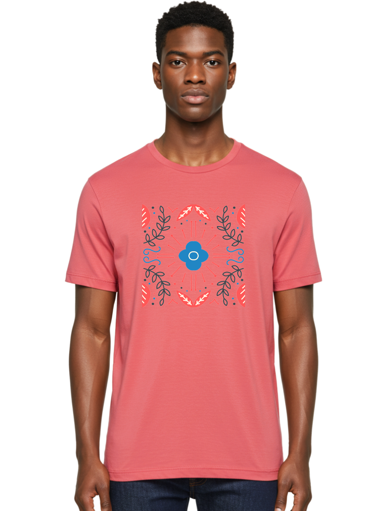 Flower-Pattern-1 Men'S Graphic Tee, 100% Cotton, Comfortable Casual Summer Wear, Machine Washable, Floral Pattern, Symmetrical Design, Vibrant Colors, Blue Flower, Red Leaves, Green Stems, Abstract Art, Geometric Shapes, Decorative Elements, Aab736