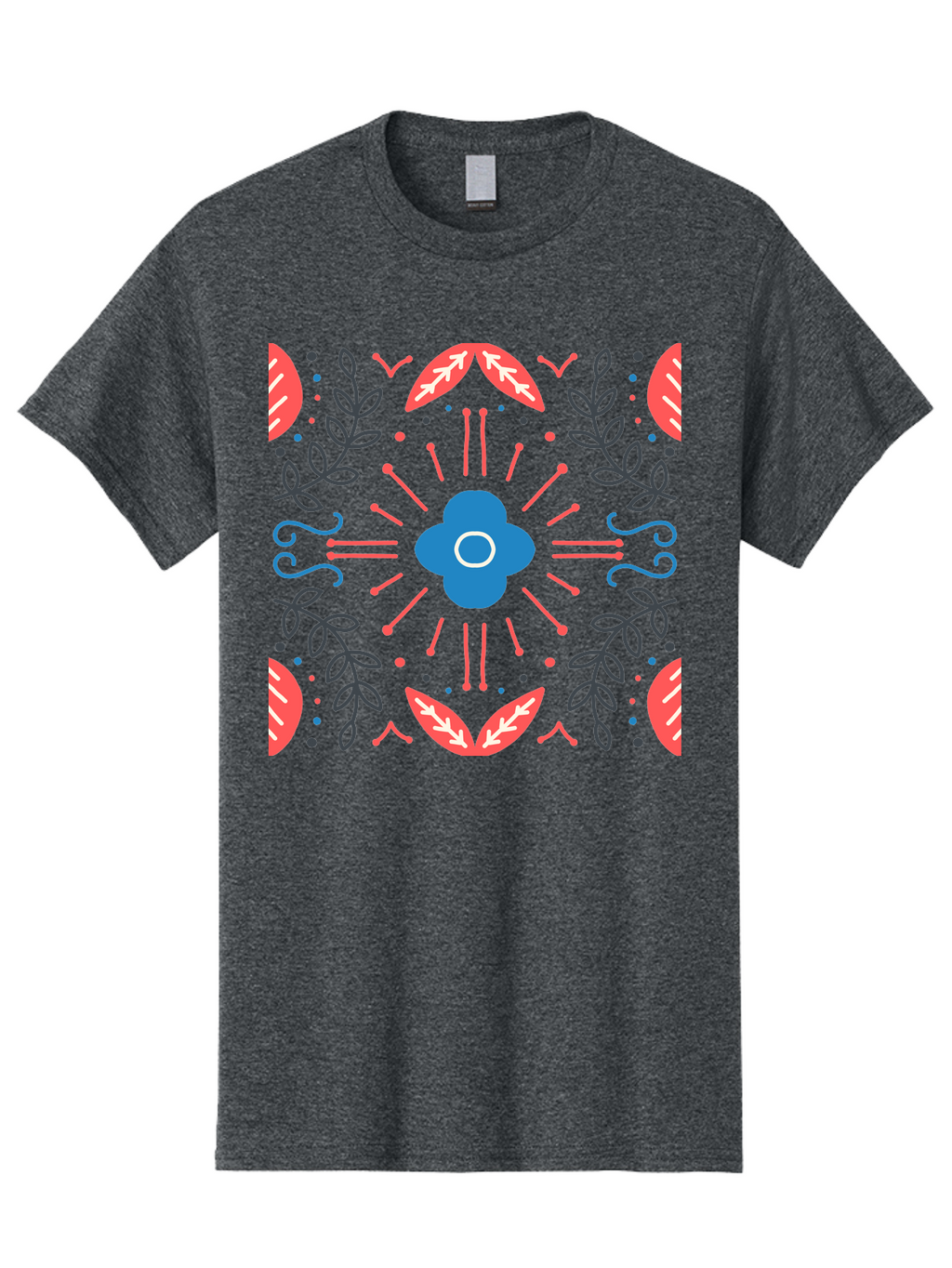 Flower-Pattern-1 Men'S Graphic Tee, 100% Cotton, Comfortable Casual Summer Wear, Machine Washable, Floral Pattern, Symmetrical Design, Vibrant Colors, Blue Flower, Red Leaves, Green Stems, Abstract Art, Geometric Shapes, Decorative Elements, Aab736