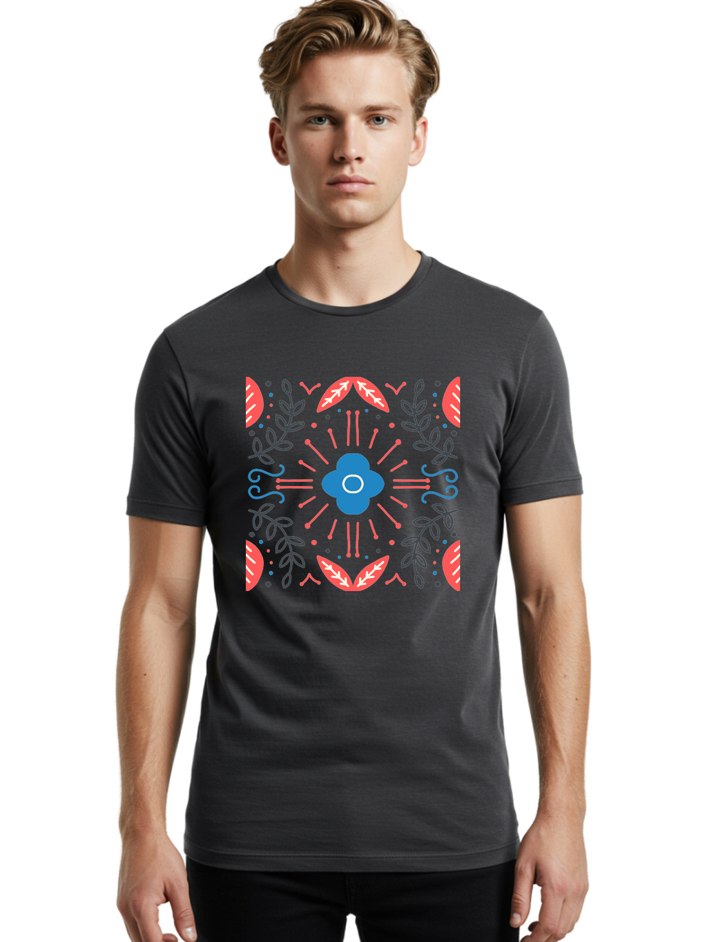 Flower-Pattern-1 Men'S Graphic Tee, 100% Cotton, Comfortable Casual Summer Wear, Machine Washable, Floral Pattern, Symmetrical Design, Vibrant Colors, Blue Flower, Red Leaves, Green Stems, Abstract Art, Geometric Shapes, Decorative Elements, Aab736