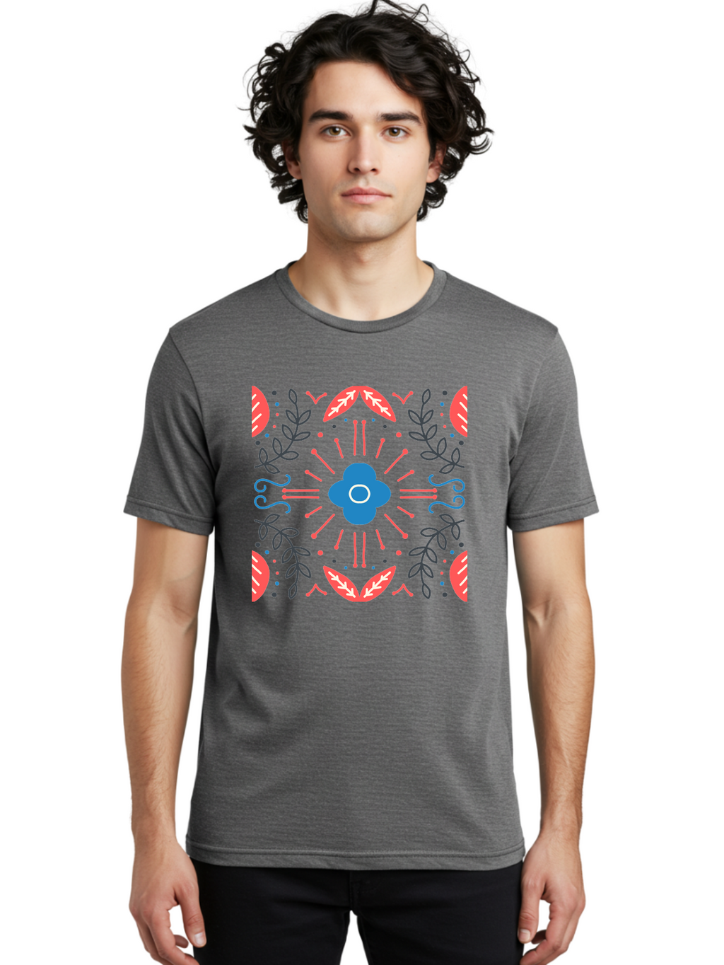 Flower-Pattern-1 Men'S Graphic Tee, 100% Cotton, Comfortable Casual Summer Wear, Machine Washable, Floral Pattern, Symmetrical Design, Vibrant Colors, Blue Flower, Red Leaves, Green Stems, Abstract Art, Geometric Shapes, Decorative Elements, Aab736