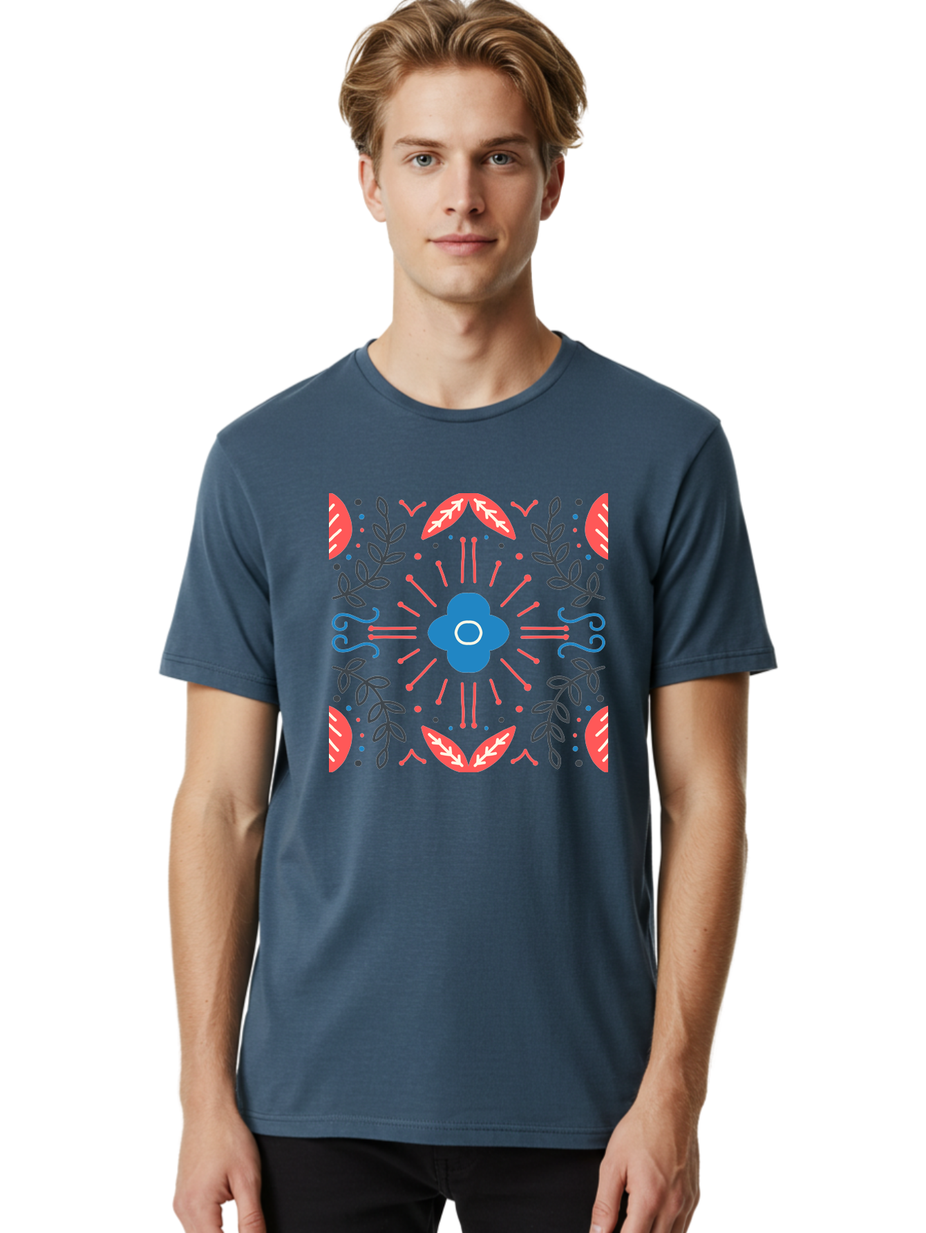 Flower-Pattern-1 Men'S Graphic Tee, 100% Cotton, Comfortable Casual Summer Wear, Machine Washable, Floral Pattern, Symmetrical Design, Vibrant Colors, Blue Flower, Red Leaves, Green Stems, Abstract Art, Geometric Shapes, Decorative Elements, Aab736