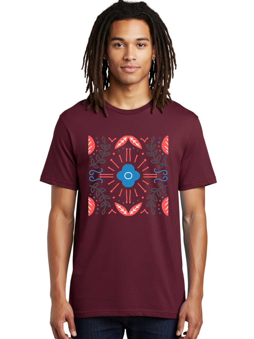 Flower-Pattern-1 Men'S Graphic Tee, 100% Cotton, Comfortable Casual Summer Wear, Machine Washable, Floral Pattern, Symmetrical Design, Vibrant Colors, Blue Flower, Red Leaves, Green Stems, Abstract Art, Geometric Shapes, Decorative Elements, Aab736