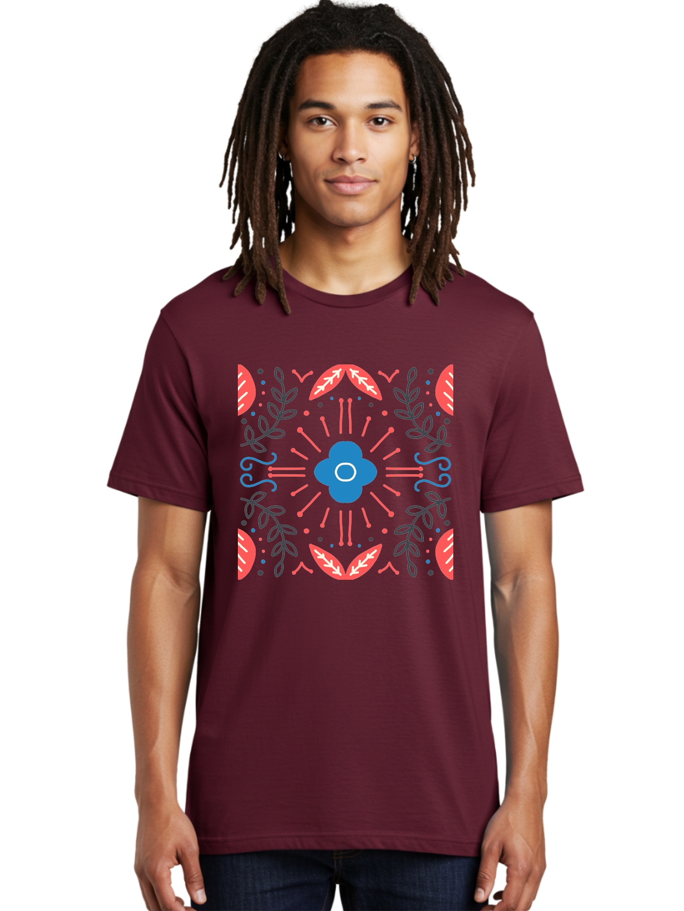 Flower-Pattern-1 Men'S Graphic Tee, 100% Cotton, Comfortable Casual Summer Wear, Machine Washable, Floral Pattern, Symmetrical Design, Vibrant Colors, Blue Flower, Red Leaves, Green Stems, Abstract Art, Geometric Shapes, Decorative Elements, Aab736
