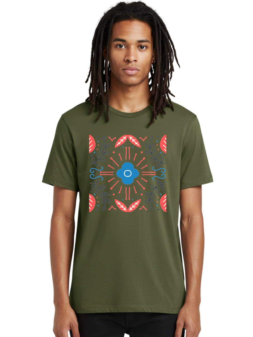 Flower-Pattern-1 Men'S Graphic Tee, 100% Cotton, Comfortable Casual Summer Wear, Machine Washable, Floral Pattern, Symmetrical Design, Vibrant Colors, Blue Flower, Red Leaves, Green Stems, Abstract Art, Geometric Shapes, Decorative Elements, Aab736