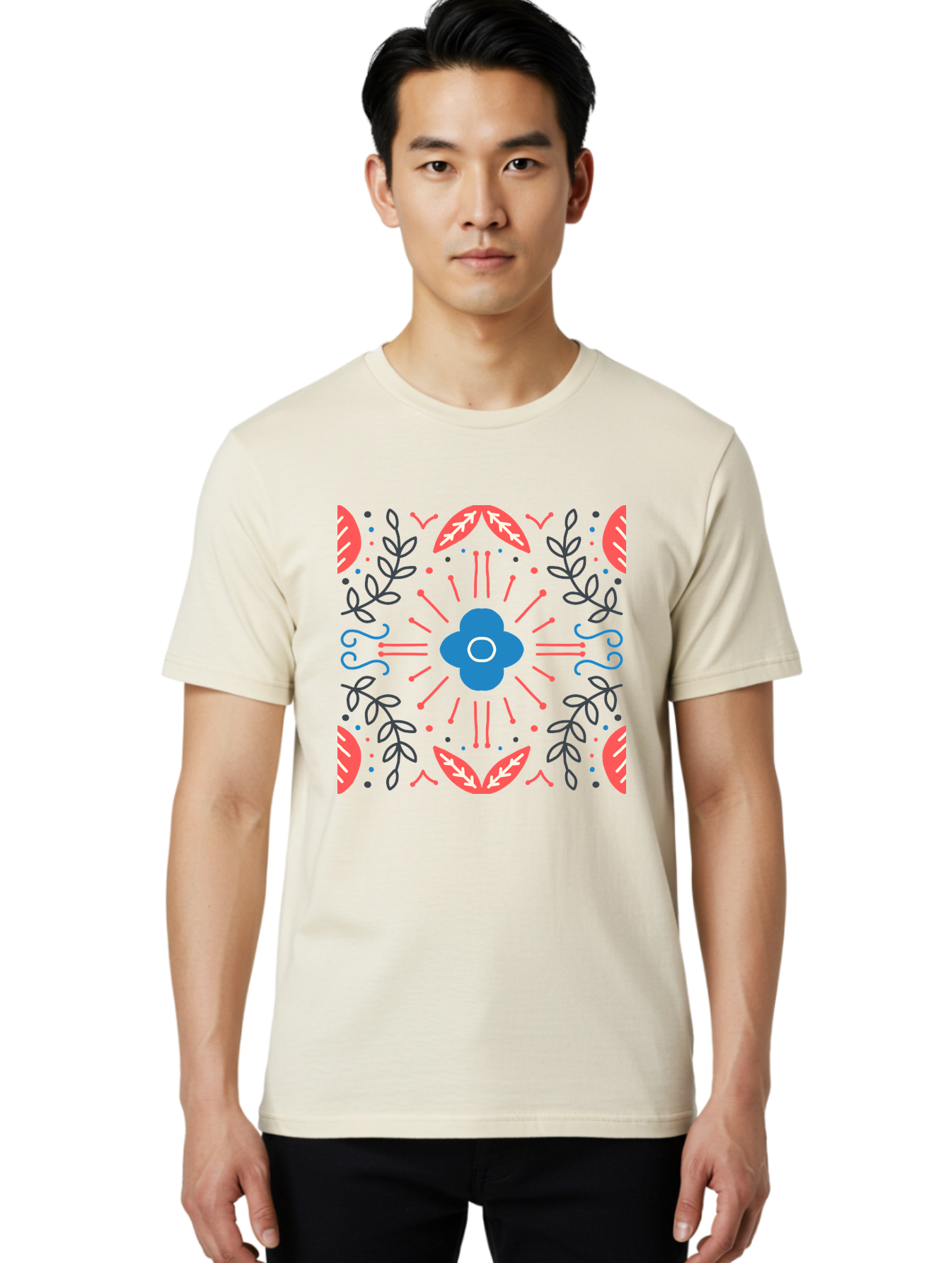 Flower-Pattern-1 Men'S Graphic Tee, 100% Cotton, Comfortable Casual Summer Wear, Machine Washable, Floral Pattern, Symmetrical Design, Vibrant Colors, Blue Flower, Red Leaves, Green Stems, Abstract Art, Geometric Shapes, Decorative Elements, Aab736