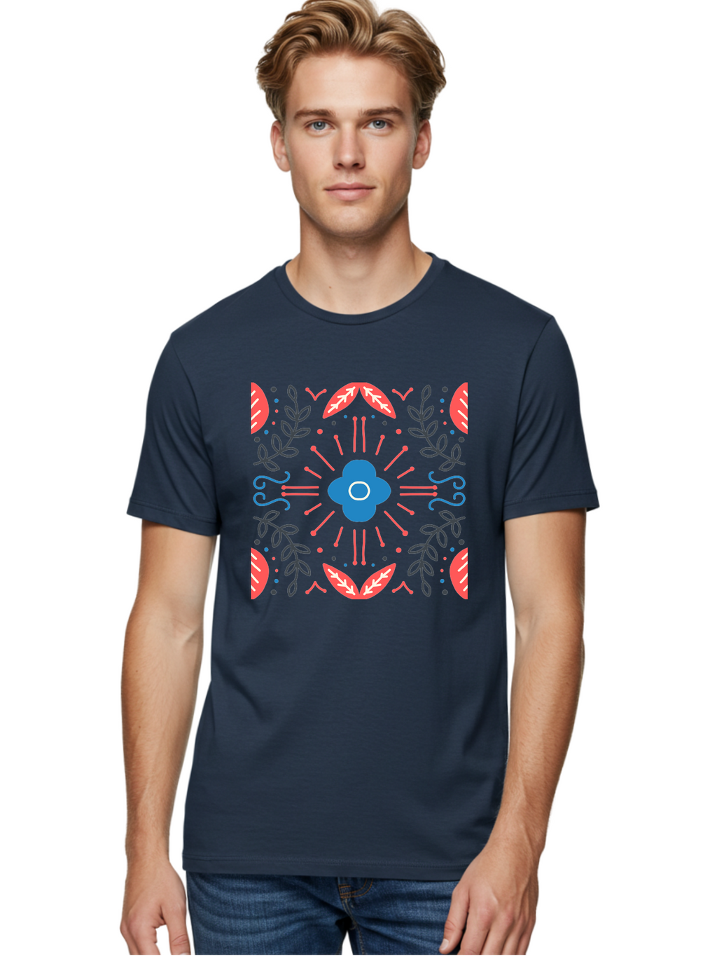 Flower-Pattern-1 Men'S Graphic Tee, 100% Cotton, Comfortable Casual Summer Wear, Machine Washable, Floral Pattern, Symmetrical Design, Vibrant Colors, Blue Flower, Red Leaves, Green Stems, Abstract Art, Geometric Shapes, Decorative Elements, Aab736