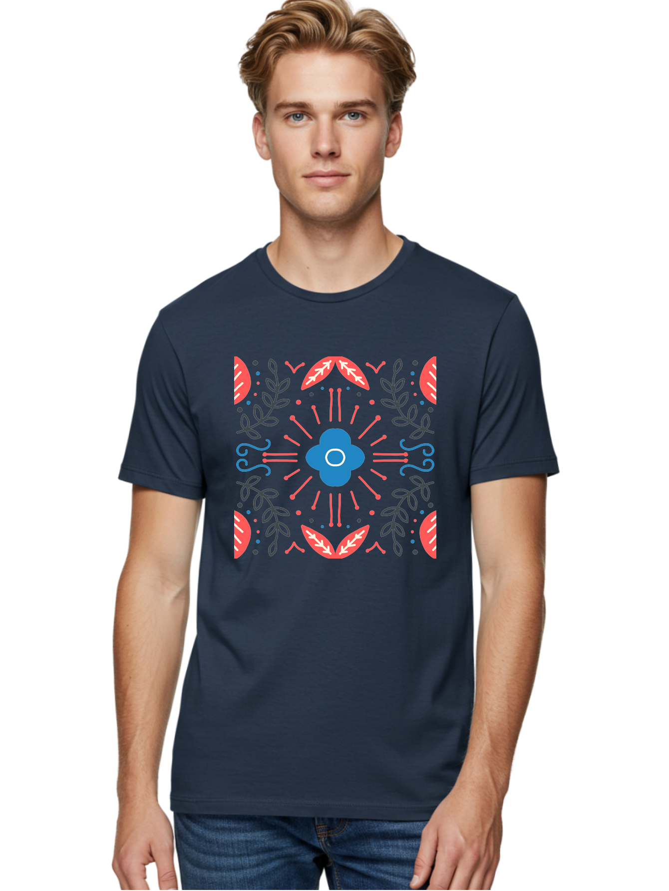 Flower-Pattern-1 Men'S Graphic Tee, 100% Cotton, Comfortable Casual Summer Wear, Machine Washable, Floral Pattern, Symmetrical Design, Vibrant Colors, Blue Flower, Red Leaves, Green Stems, Abstract Art, Geometric Shapes, Decorative Elements, Aab736