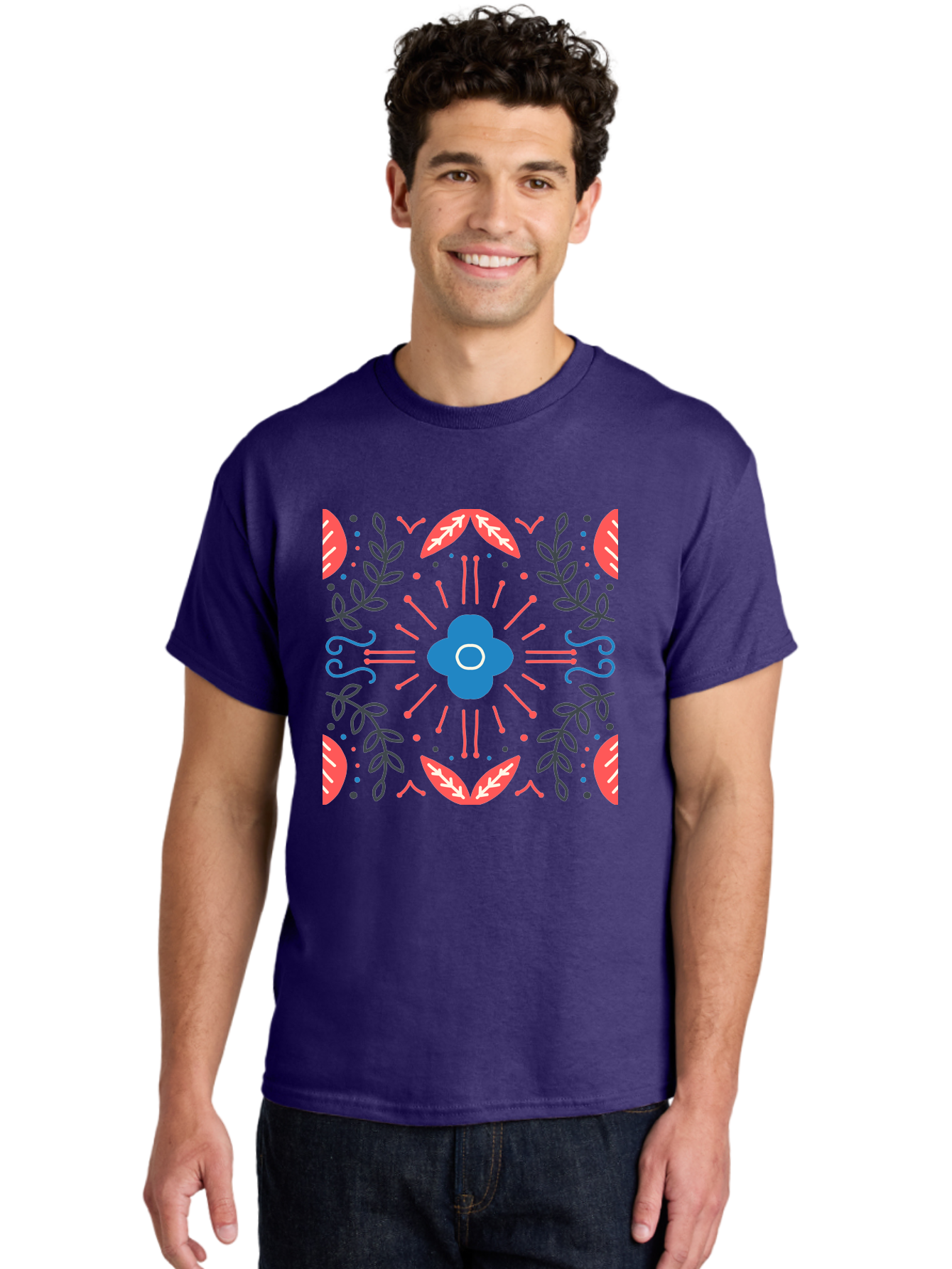 Flower-Pattern-1 Men'S Graphic Tee, 100% Cotton, Comfortable Casual Summer Wear, Machine Washable, Floral Pattern, Symmetrical Design, Vibrant Colors, Blue Flower, Red Leaves, Green Stems, Abstract Art, Geometric Shapes, Decorative Elements, Aab736