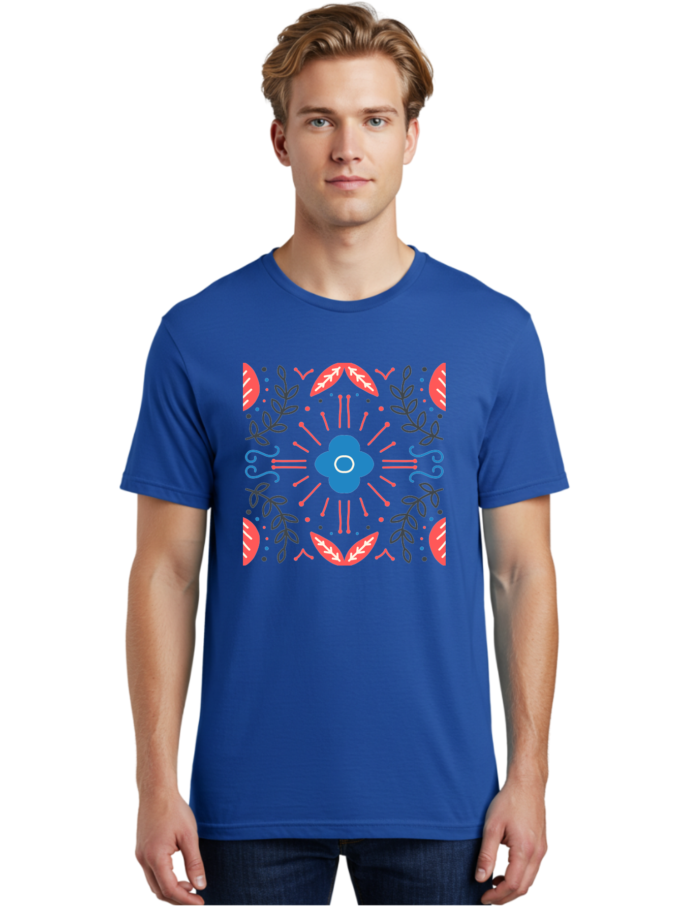Flower-Pattern-1 Men'S Graphic Tee, 100% Cotton, Comfortable Casual Summer Wear, Machine Washable, Floral Pattern, Symmetrical Design, Vibrant Colors, Blue Flower, Red Leaves, Green Stems, Abstract Art, Geometric Shapes, Decorative Elements, Aab736