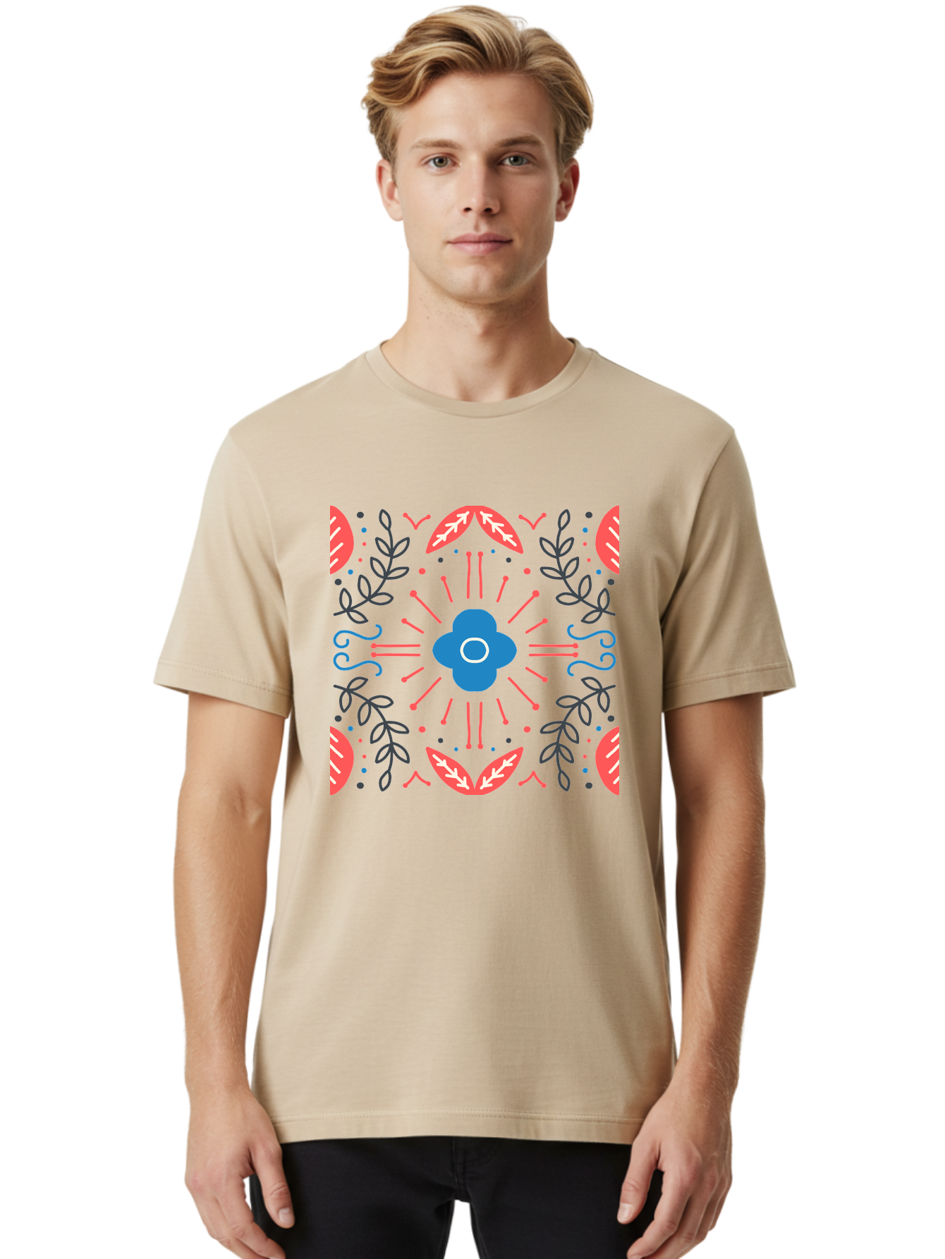 Flower-Pattern-1 Men'S Graphic Tee, 100% Cotton, Comfortable Casual Summer Wear, Machine Washable, Floral Pattern, Symmetrical Design, Vibrant Colors, Blue Flower, Red Leaves, Green Stems, Abstract Art, Geometric Shapes, Decorative Elements, Aab736