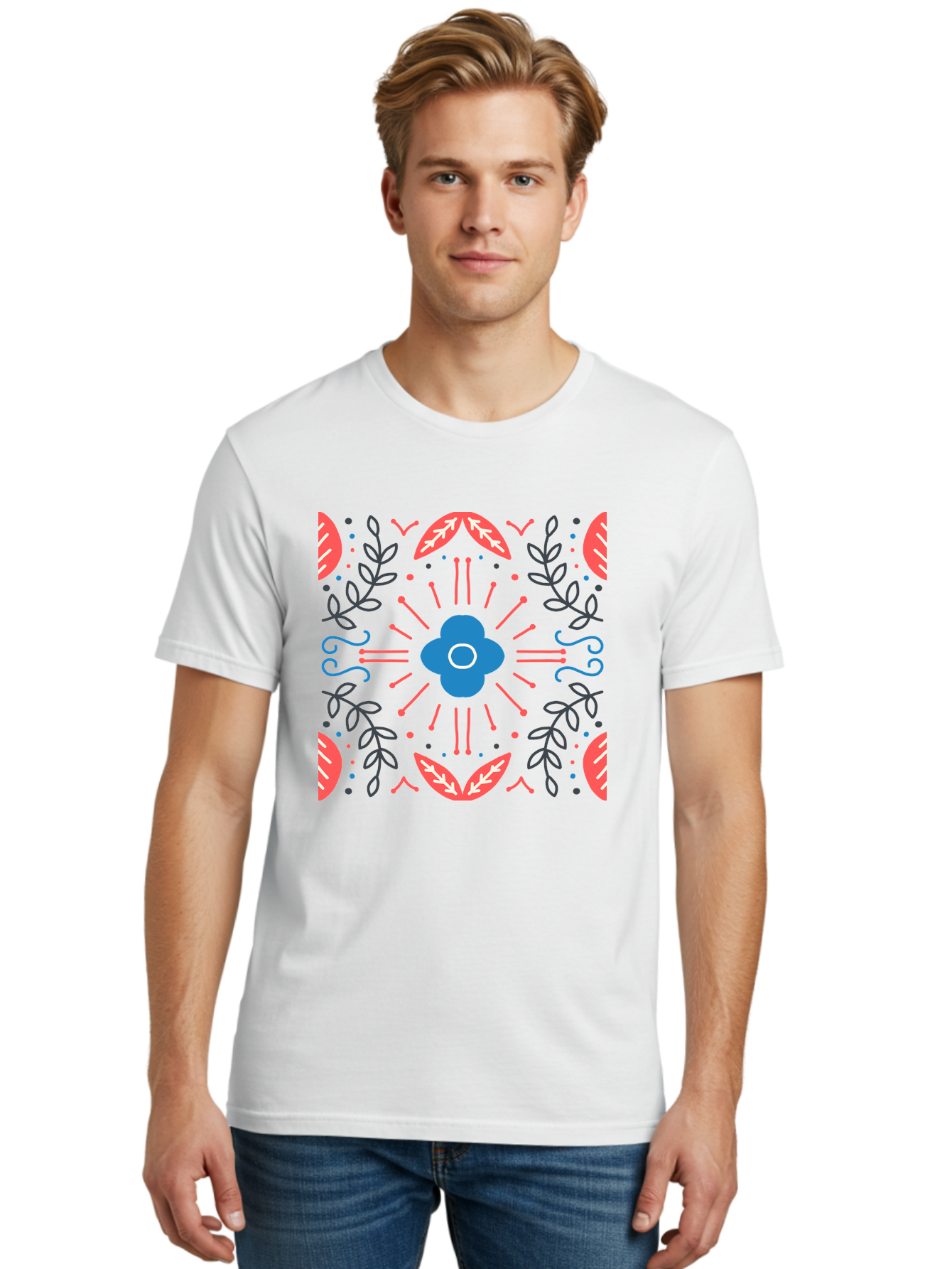 Flower-Pattern-1 Men'S Graphic Tee, 100% Cotton, Comfortable Casual Summer Wear, Machine Washable, Floral Pattern, Symmetrical Design, Vibrant Colors, Blue Flower, Red Leaves, Green Stems, Abstract Art, Geometric Shapes, Decorative Elements, Aab736