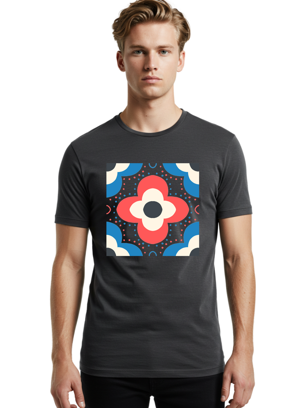 Flower-Pattern-3 Men'S Graphic Tee, 100% Cotton, Comfortable Casual Summer Wear, Machine Washable, Stylized Flower, Floral Pattern, Abstract Design, Geometric Shapes, Bold Colors, Vibrant Hues, Modern Art, Decorative Motif, Aab738