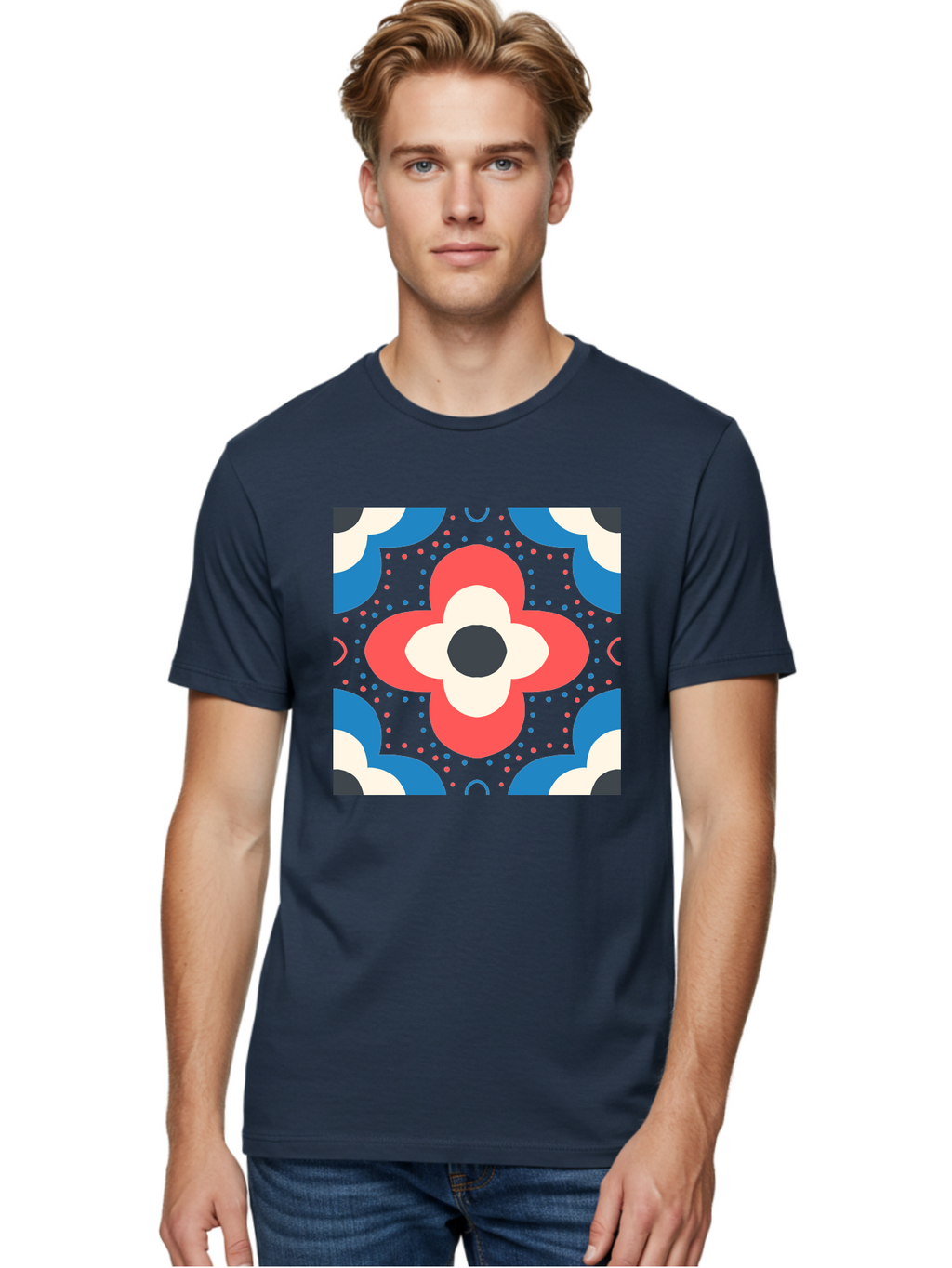 Flower-Pattern-3 Men'S Graphic Tee, 100% Cotton, Comfortable Casual Summer Wear, Machine Washable, Stylized Flower, Floral Pattern, Abstract Design, Geometric Shapes, Bold Colors, Vibrant Hues, Modern Art, Decorative Motif, Aab738