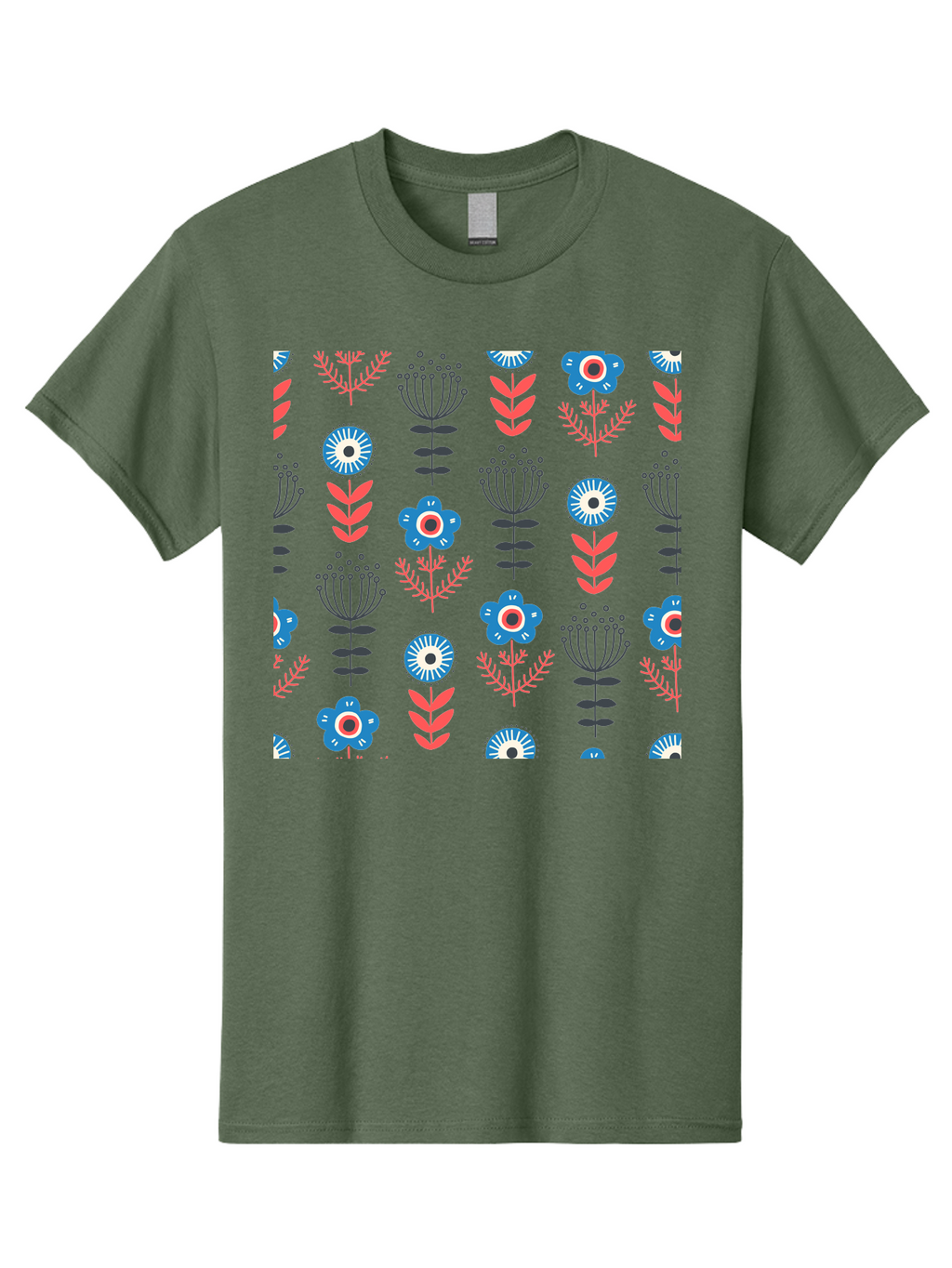 Flower-Pattern Men'S Graphic Tee, 100% Cotton, Comfortable Casual Summer Wear, Machine Washable, Blue Flowers, Pink Chevrons, Floral Design, Abstract Patterns, Decorative Elements, Vibrant Colors, Stylized Blooms Aab739