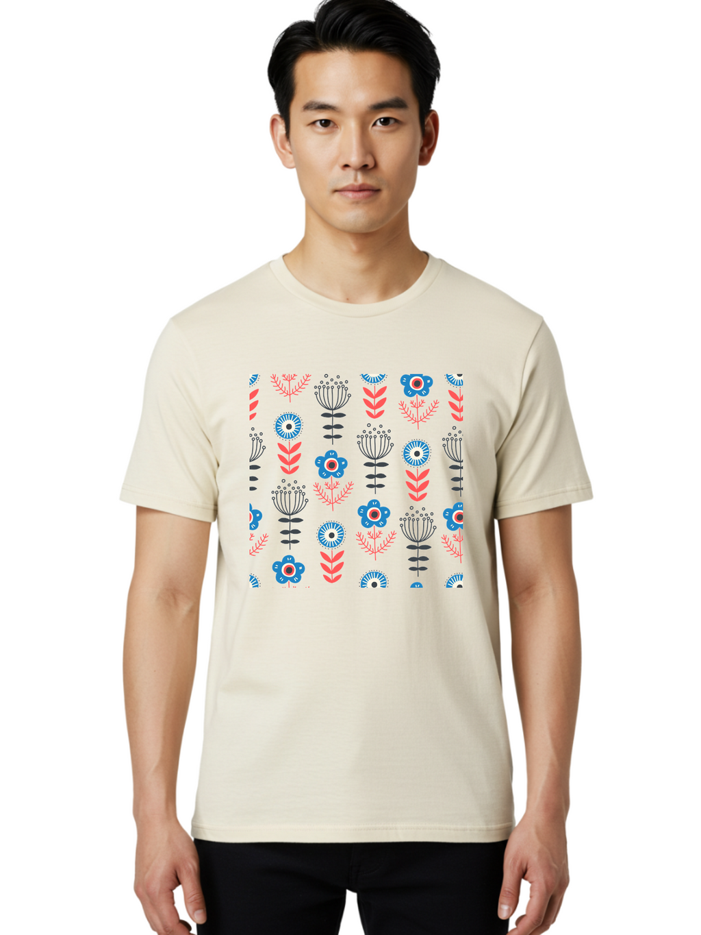 Flower-Pattern Men'S Graphic Tee, 100% Cotton, Comfortable Casual Summer Wear, Machine Washable, Blue Flowers, Pink Chevrons, Floral Design, Abstract Patterns, Decorative Elements, Vibrant Colors, Stylized Blooms Aab739