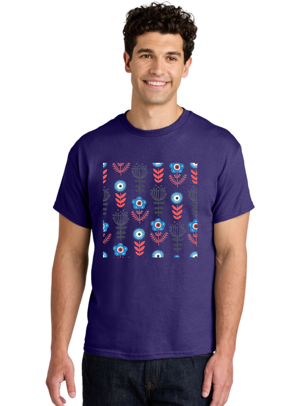 Flower-Pattern Men'S Graphic Tee, 100% Cotton, Comfortable Casual Summer Wear, Machine Washable, Blue Flowers, Pink Chevrons, Floral Design, Abstract Patterns, Decorative Elements, Vibrant Colors, Stylized Blooms Aab739