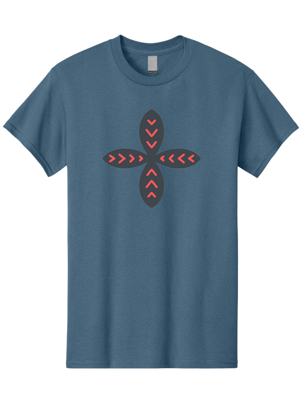 Flower-With-Chevron-Patterns Men'S Graphic Tee, 100% Cotton, Comfortable Casual Summer Wear, Machine Washable, Four Leaf Clover, Red Arrow Motifs, Dark Gray Leaves, Red Chevrons, Symmetrical Design, Abstract Logo, Modern Graphic Design Aab740