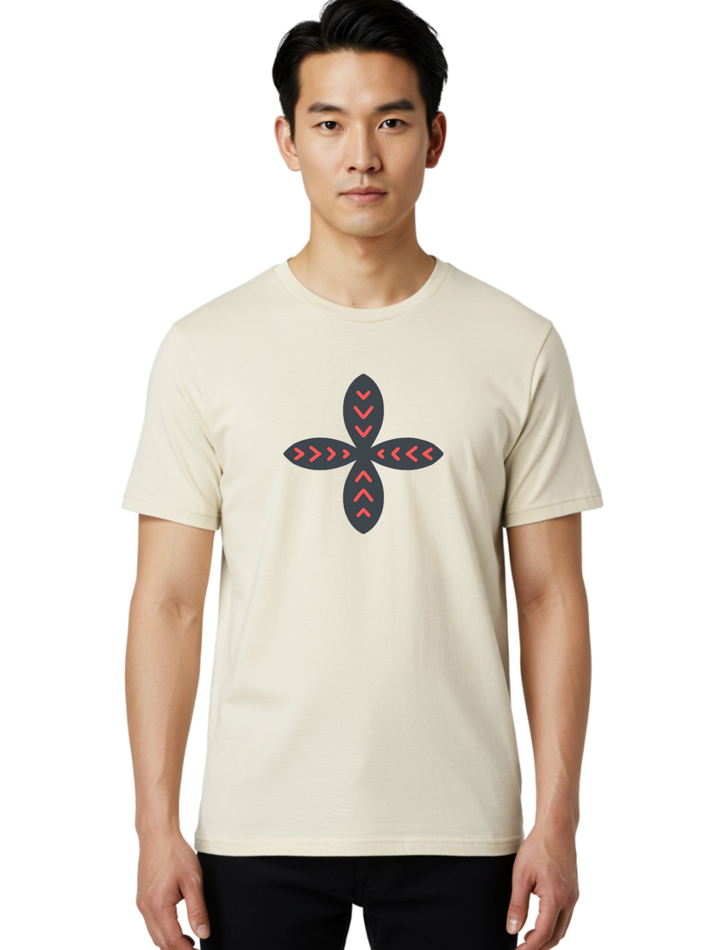 Flower-With-Chevron-Patterns Men'S Graphic Tee, 100% Cotton, Comfortable Casual Summer Wear, Machine Washable, Four Leaf Clover, Red Arrow Motifs, Dark Gray Leaves, Red Chevrons, Symmetrical Design, Abstract Logo, Modern Graphic Design Aab740